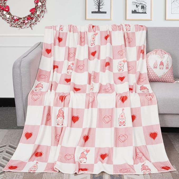 Valentine's Day Throw Blanket with Gift Bag, Red White Check Bed Blanket Romantic Love Soft Warm Blanket Throw, Red Heart Flannel Cozy Blanket for Couch Sofa Bedroom, Valentine's Decor, 50 x 60 inch