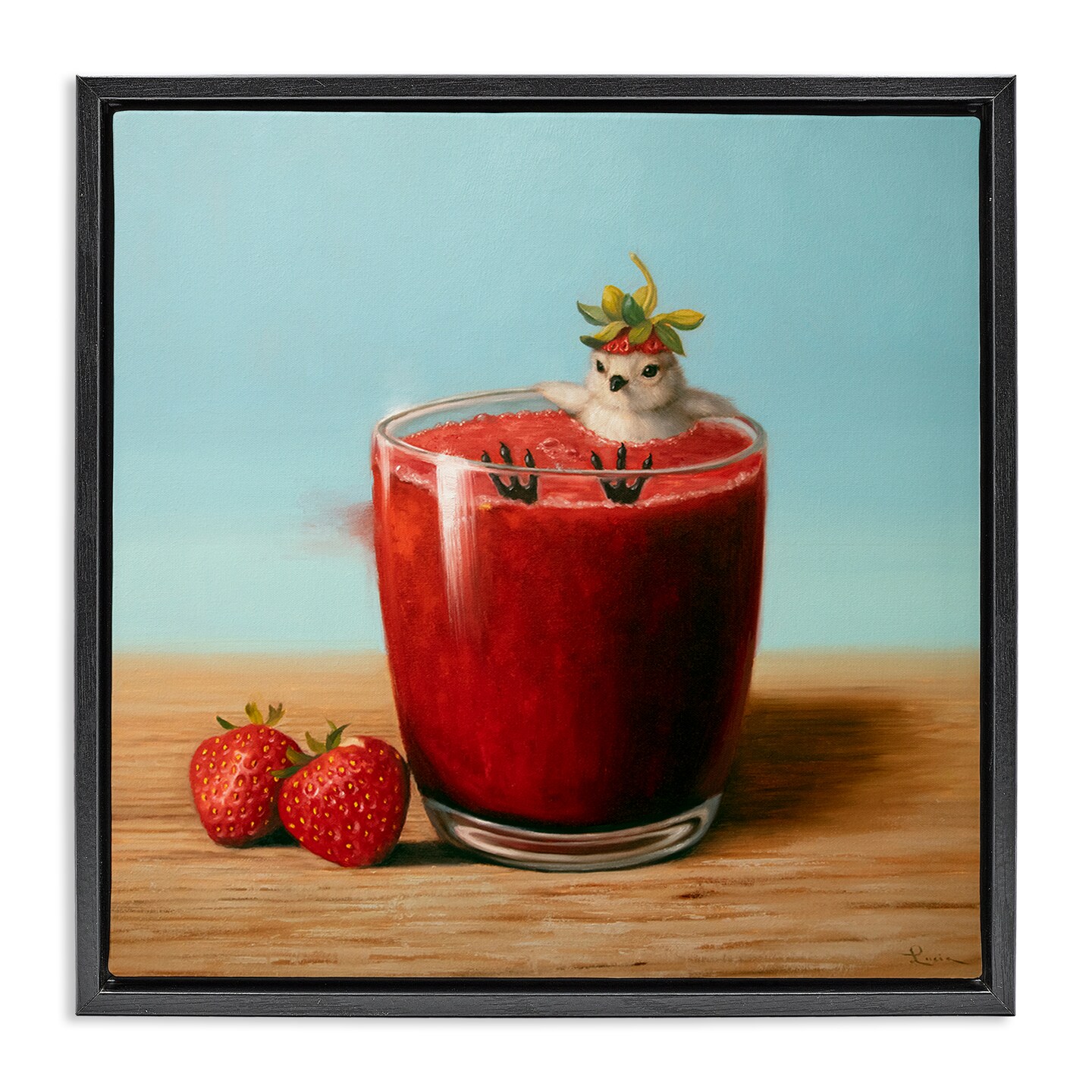 Stupell Industries Bird in Strawberry Drink Framed Floater Canvas Wall Art Design by Lucia Heffernan