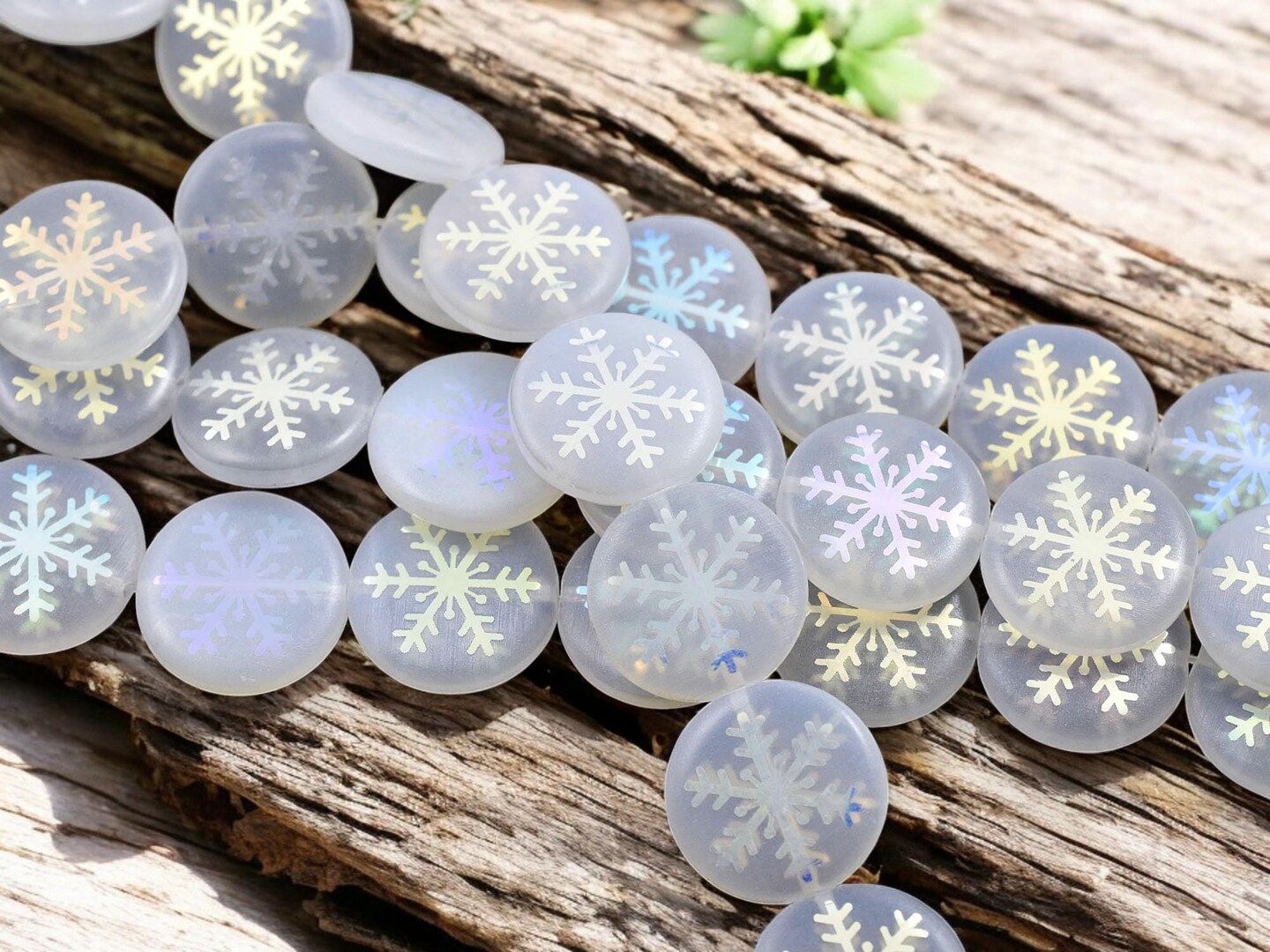 *8* 17mm White Opaline AB Laser Tattoo Snowflakea Coin Beads