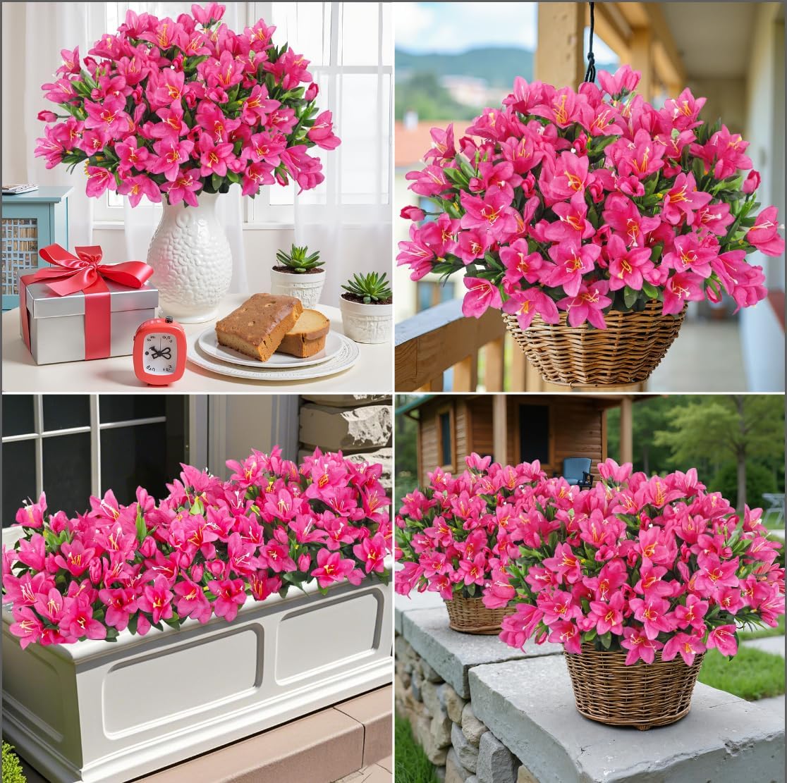 Decor 8 Bundles Artificial Flowers for Outdoors, Fake Silk Flowers Azalea Plants UV Resistant for Summer Front Door Planter Garden