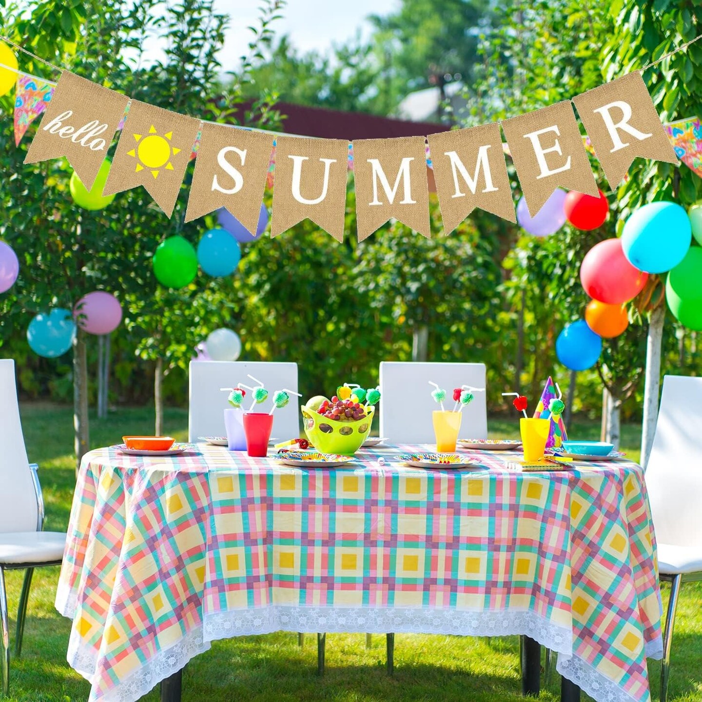 Hello Summer Burlap Banner with Sunshine Rustic Bunting Garland for Camp Pool Beach Barbecue Hawaiian Summer Party Decorations