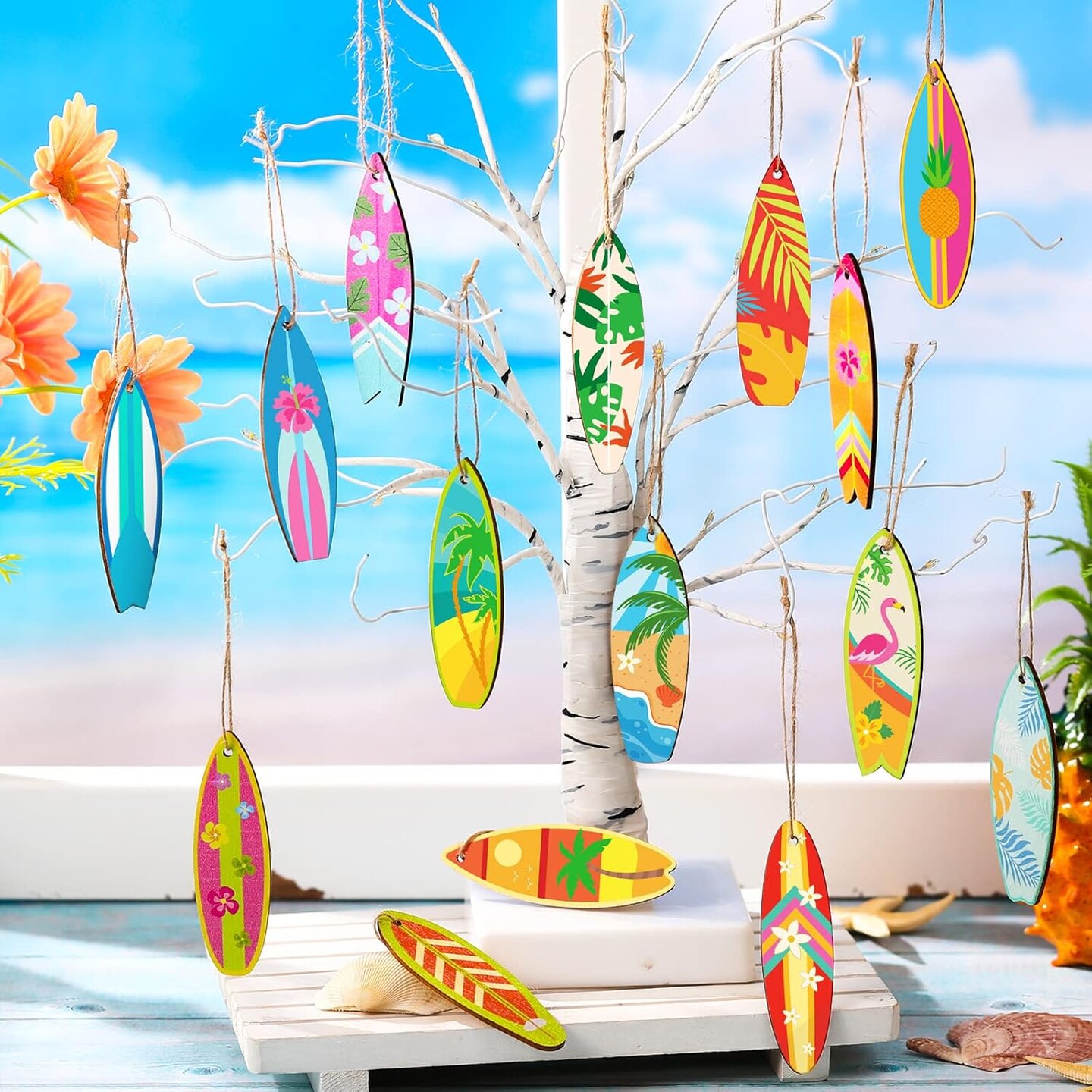 36 Pcs Summer Wood Hanging Ornaments for Tree Summer Tree Decorations Hawaiian Beach Wooden Pendant Decorations with String for Luau Party Supplies(Surfboard)