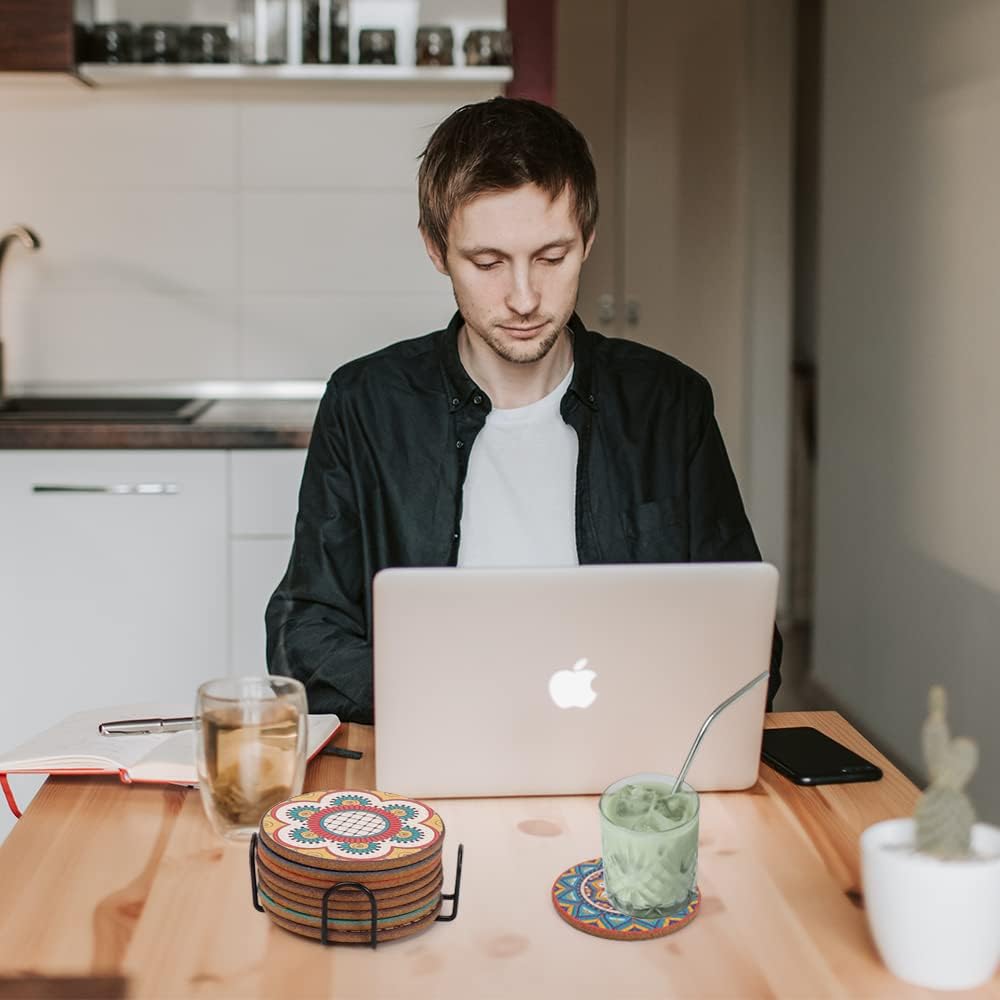 Coasters Set of 8,Cork Coasters for Drinks,Colorful Drink Coasters with Holder,Cute Coasters for Coffee Table,Boho Coasters for Apartment Home Decor,Boho Gifts for Women