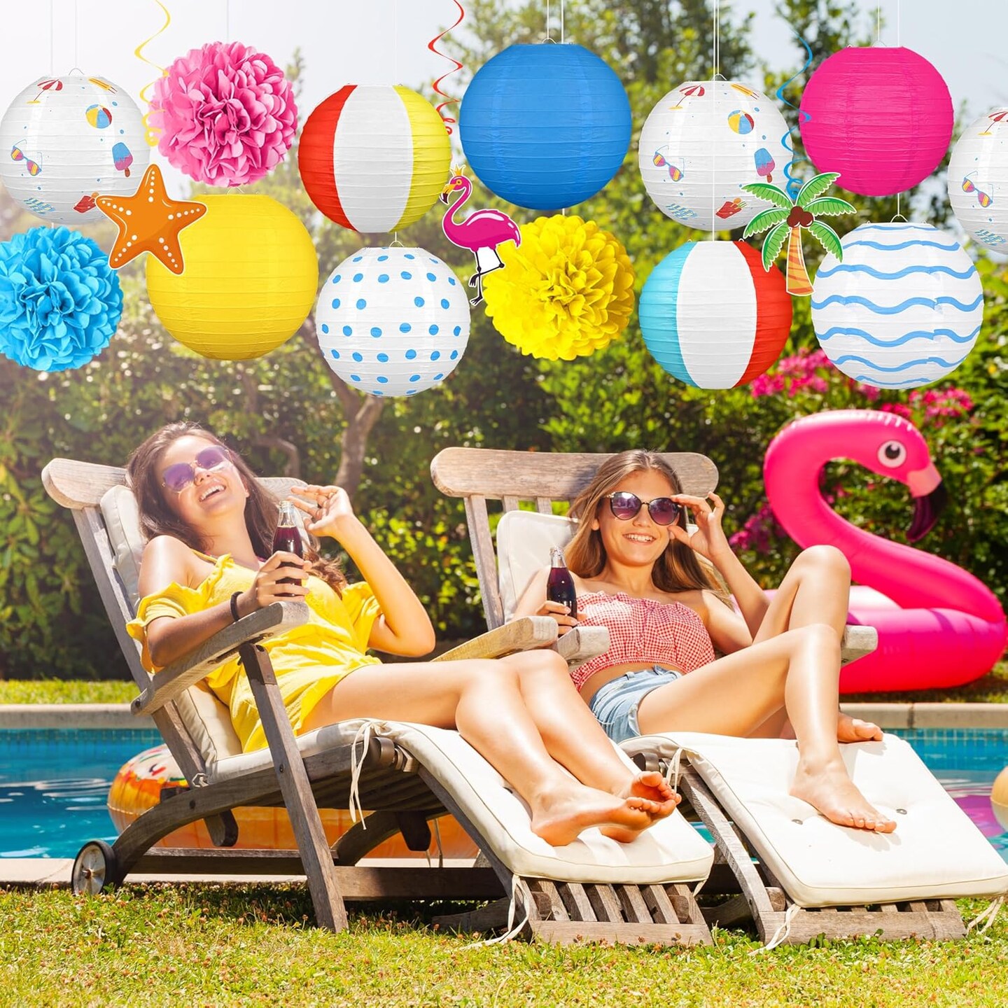 16Pcs Summer Party Decorations Paper Lanterns Pom Poms Hanging Swirls - Beach Pool Luau Hawaiian Tropical Hanging Decor for Home Birthday Outdoor Indoor