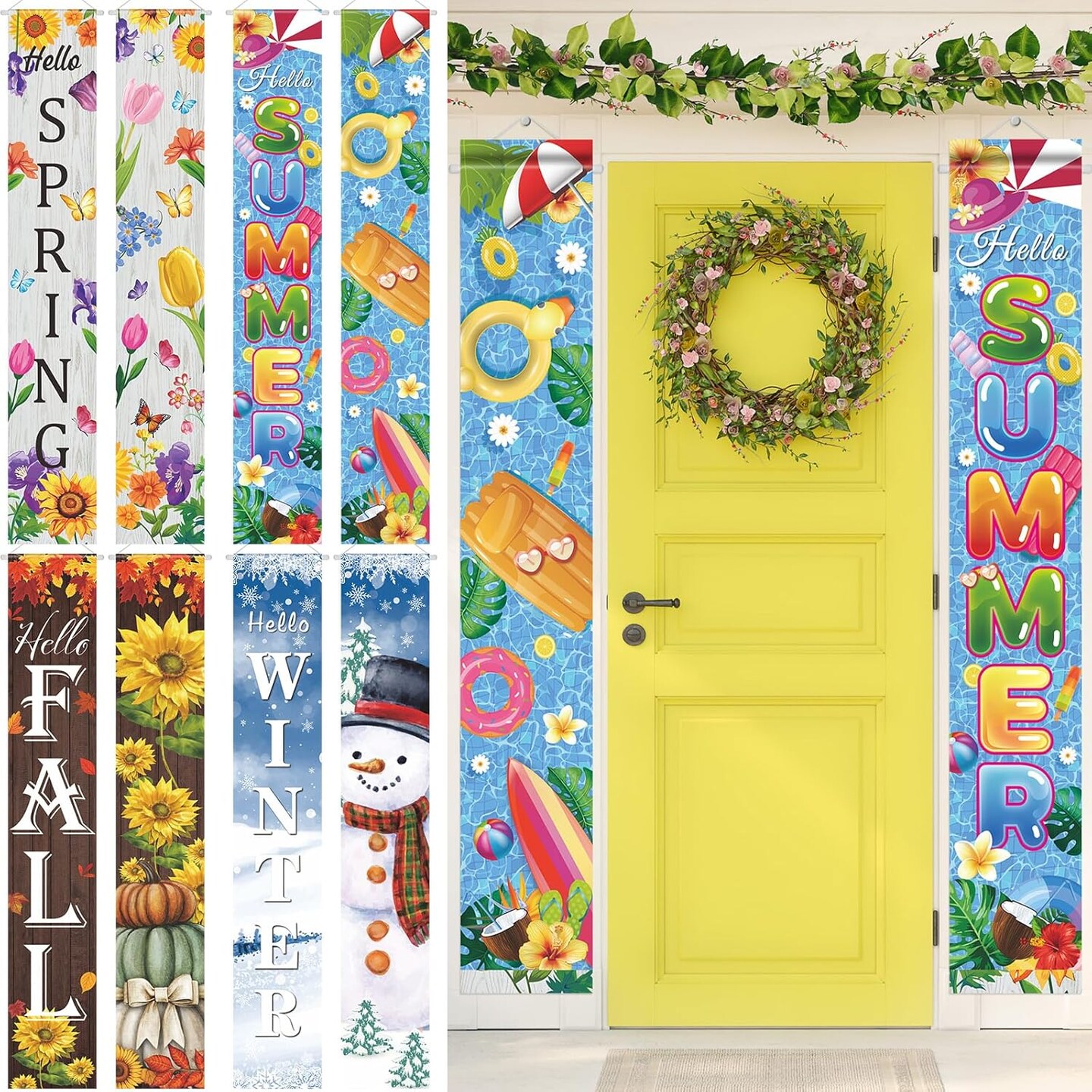 4 Pcs Seasonal Door Banner Welcome Spring Summer Fall Winter Door Banner Porch Sign Seasonal Party Decorations For Yard Indoor Outdoor Decorations 11.8 x 70.9 in