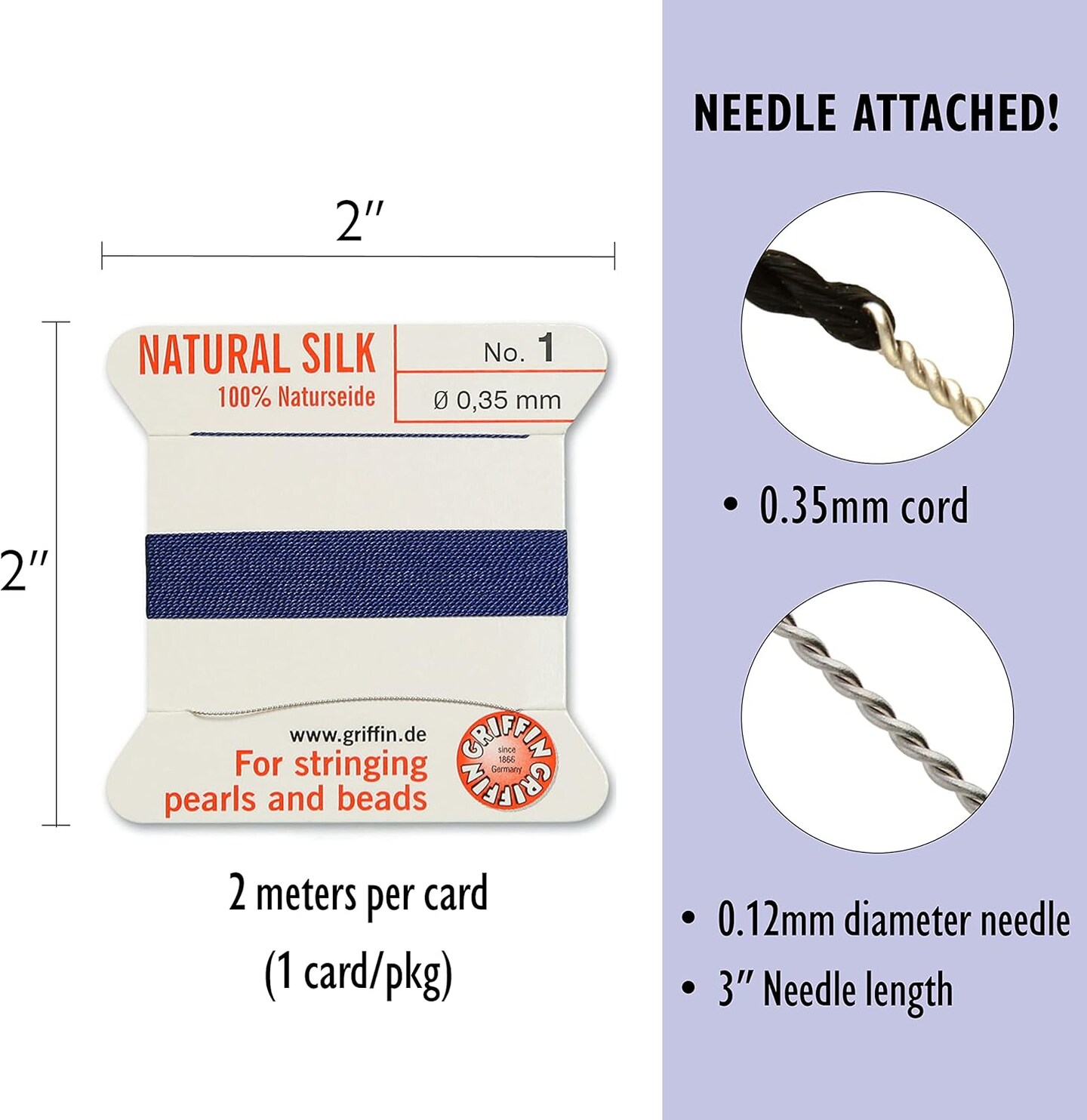 Griffin Silk Bead Cord Perlseide – Size 1 (0.35mm) – 2 Meters per Card – Stainless Steel Needle Attached – for Knotting Pearls, Gemstones, Crystals and Beads