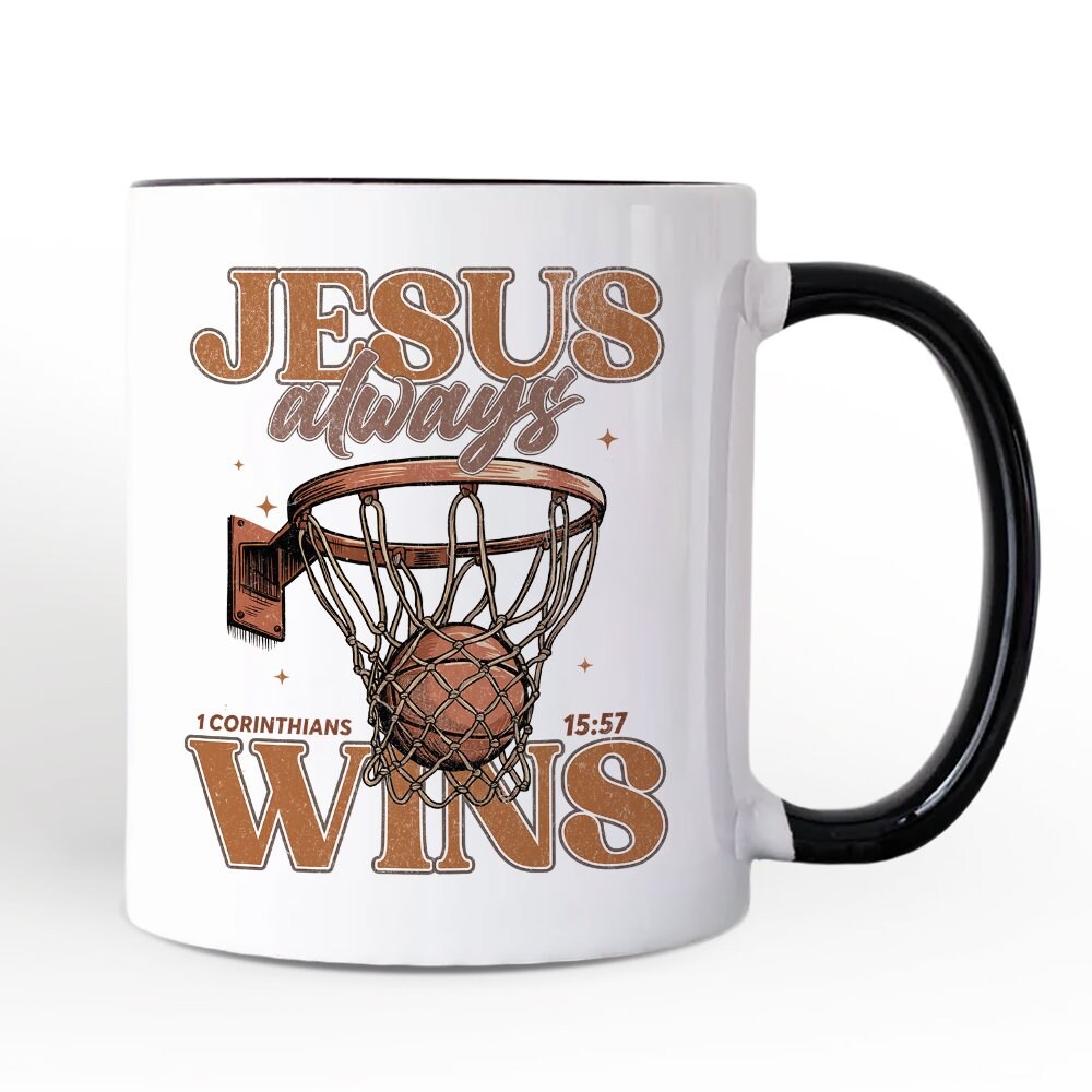 Jesus Always Wins Christian Basketball Mug, Retro Motivational Bible Verse Gift
