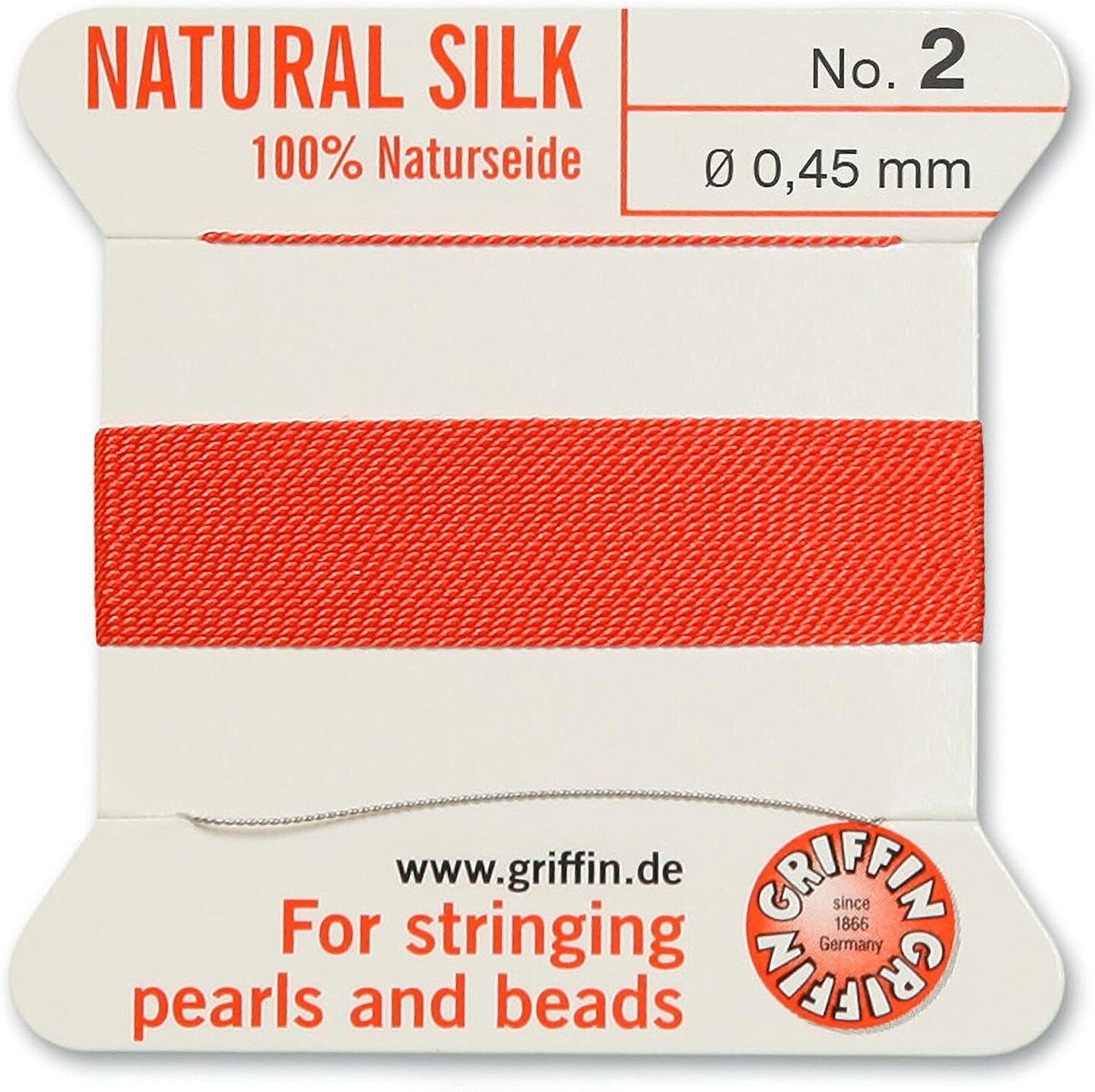 Griffin Silk Bead Cord Perlseide – Size 2 (0.45mm) – 2 Meters per Card – Stainless Steel Needle Attached – for Knotting Pearls, Gemstones, Crystals and Beads