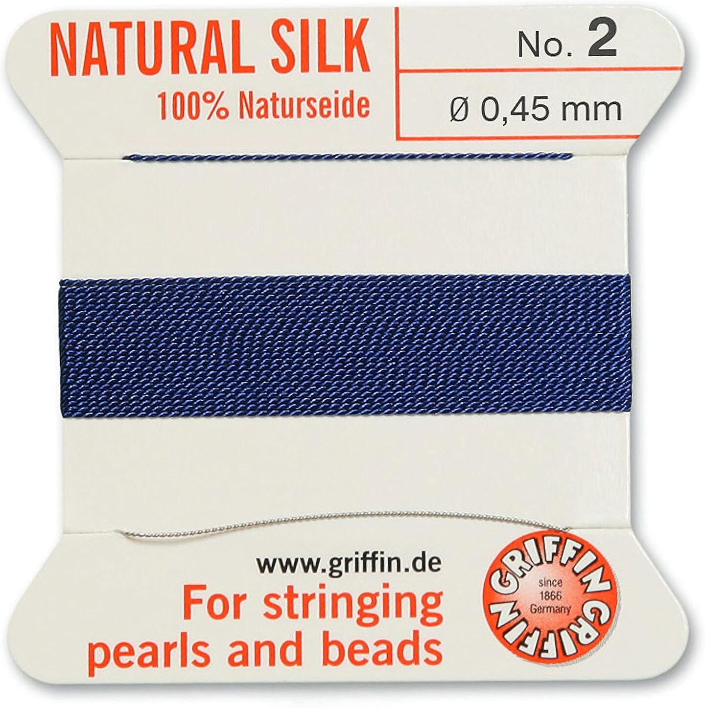 Griffin Silk Bead Cord Perlseide – Size 2 (0.45mm) – 2 Meters per Card – Stainless Steel Needle Attached – for Knotting Pearls, Gemstones, Crystals and Beads