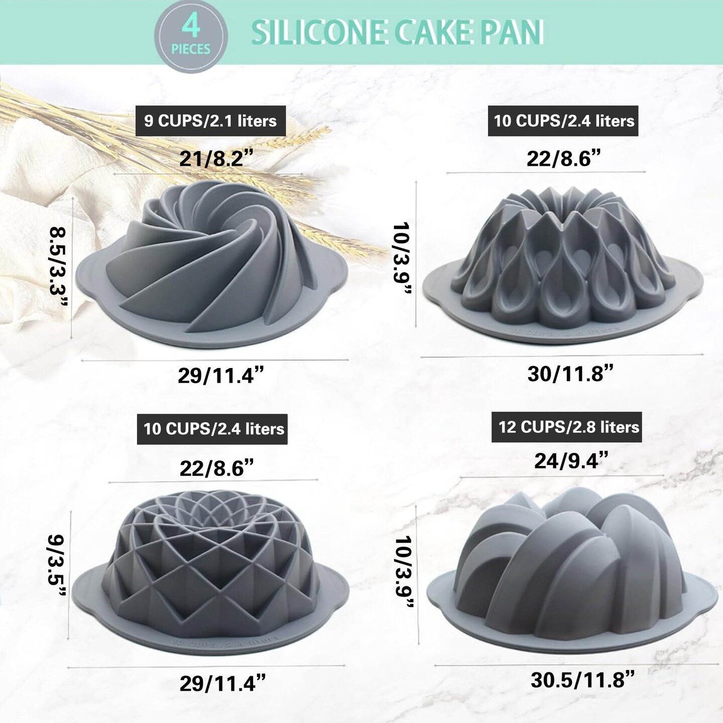 4 Pieces Silicone Fluted Cake Pans, 9/10/12 Cups Tube Baking Pan, Silicone Molds for Homemade Cake, Bread and Jello, Non-Stick, Grey