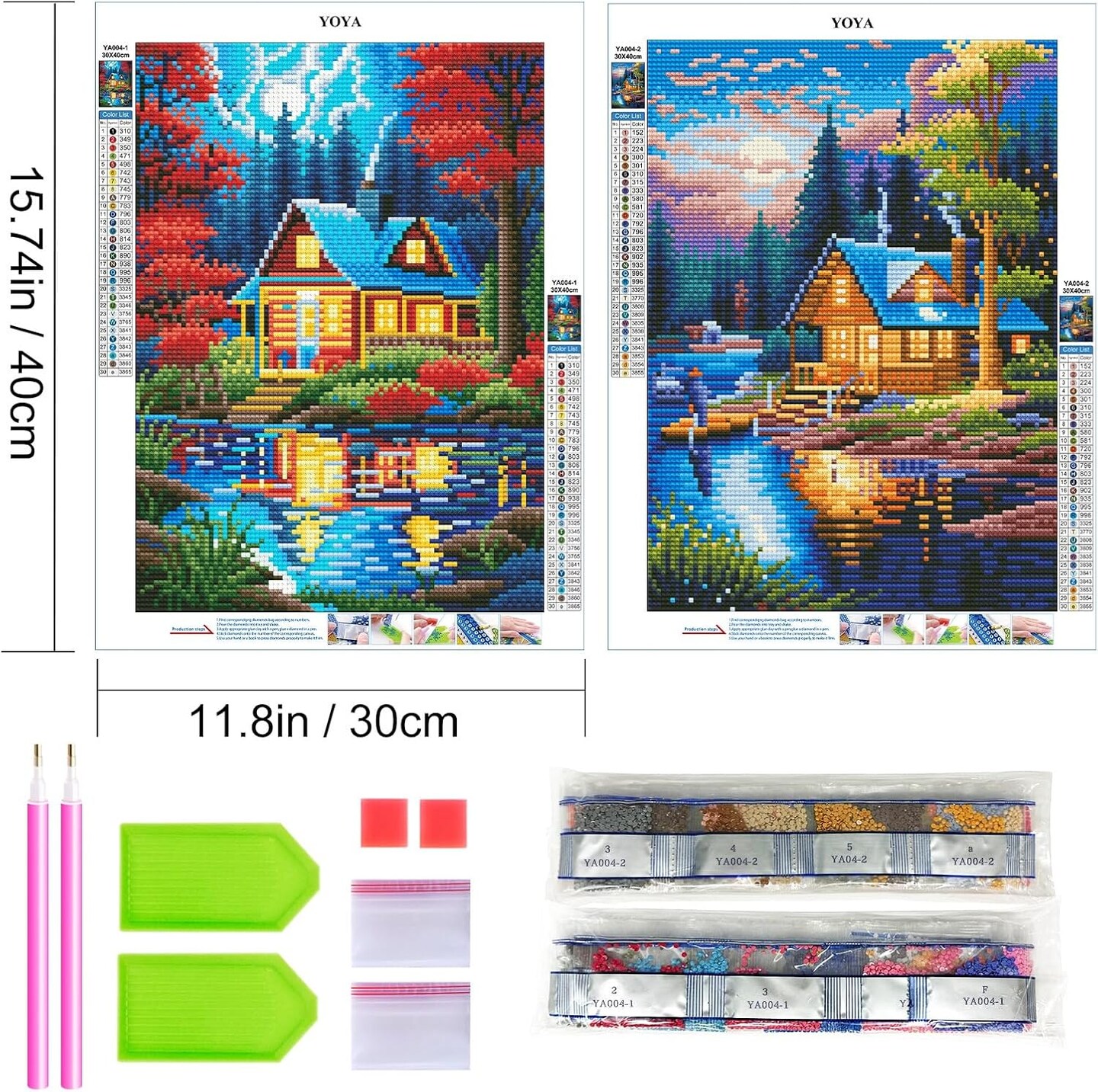 2 Pack Log Cabin Diamond Painting Kits for Adults, Lake Cabin 5D Diamond Art Kits for Adults, DIY Scenery House Full Drill Gem Art Painting Kit for Home Wall Decor