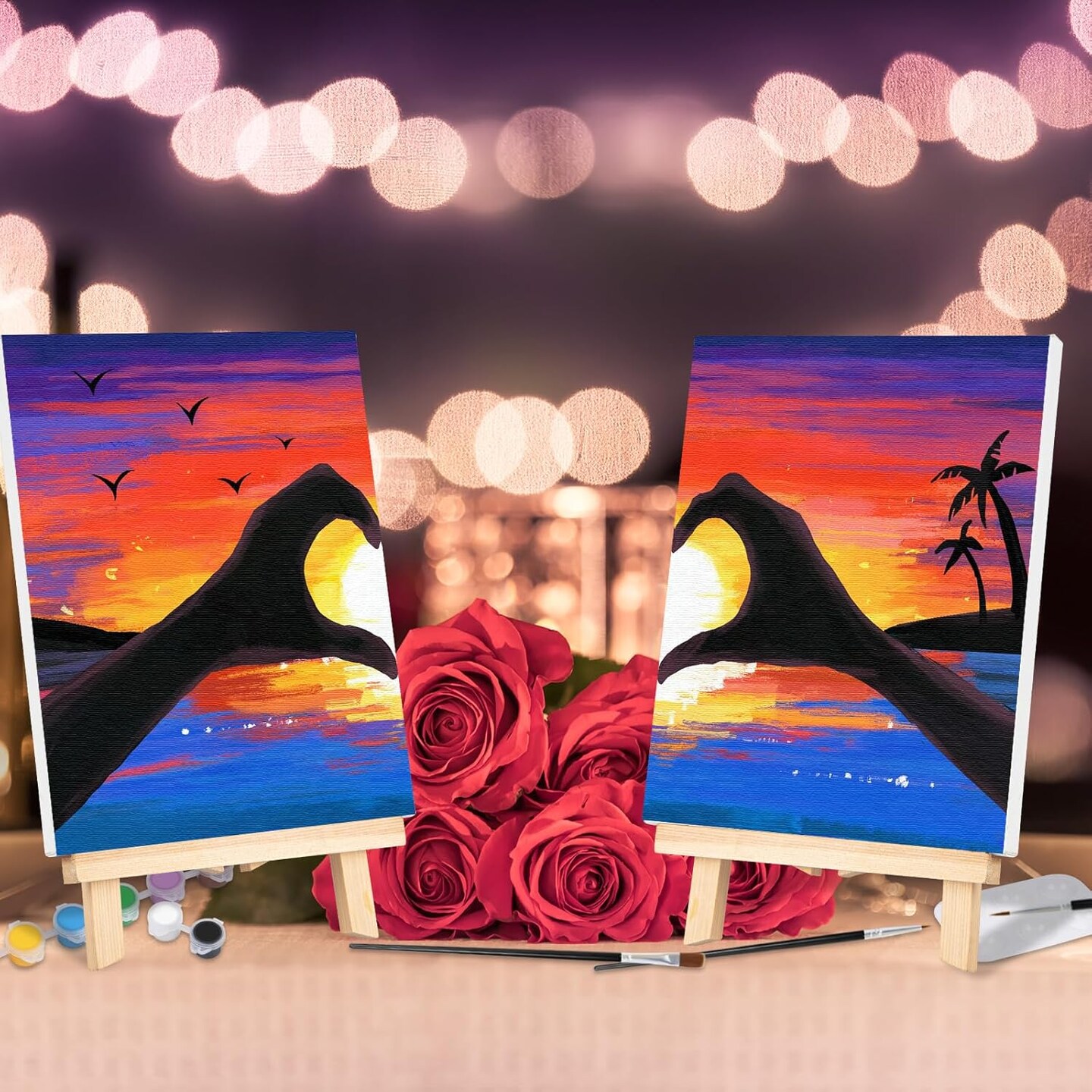 Date Night Idea Painting Kit for Couples Sip and Paint Kit for Adults Couples Pre Drawn Canvas to Paint for Adults Art Set Sunset Heart Valentine 2 Pack 8" X 10"