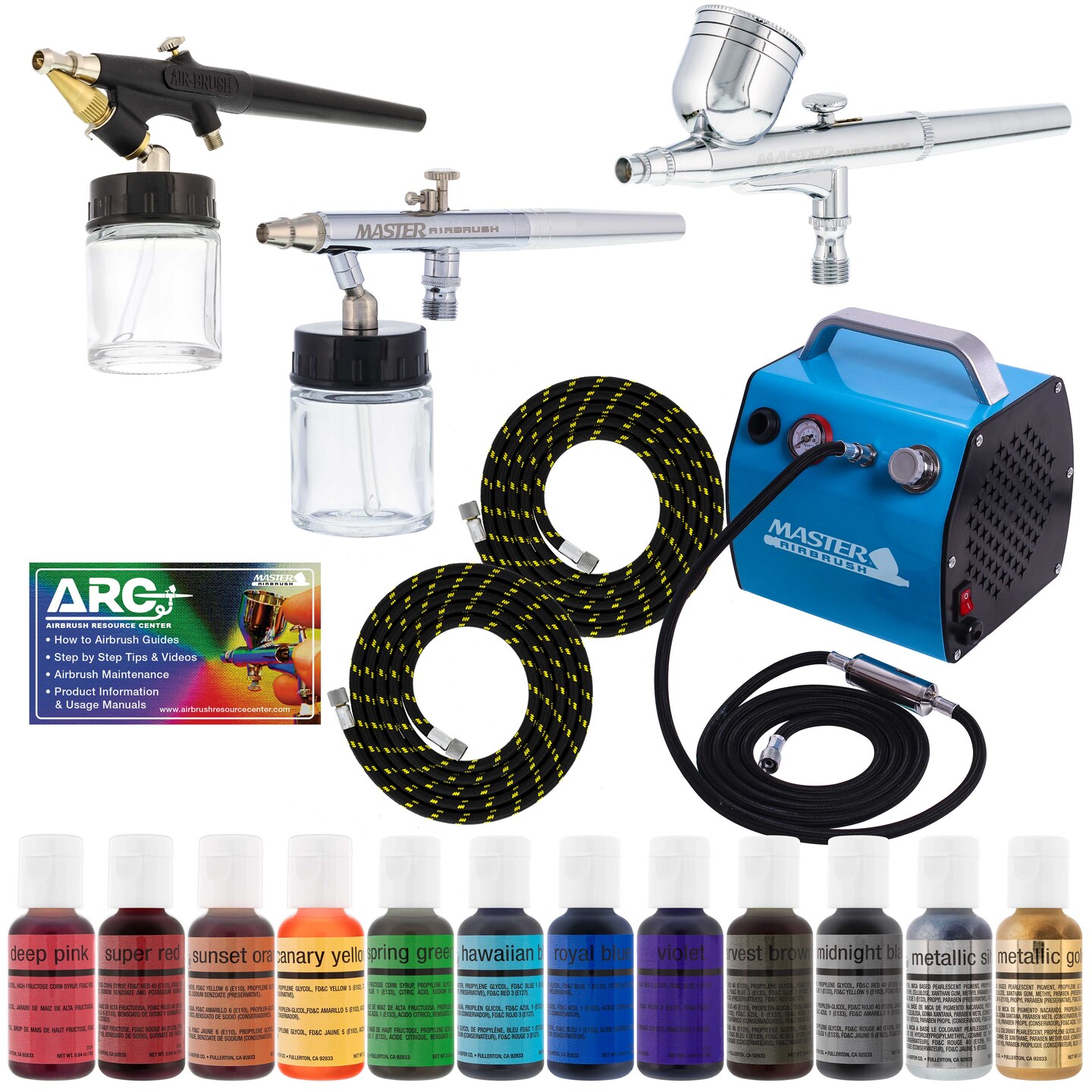 Cake Decorating 3 Airbrush Kit with G22, S68, E91 Airbrushes, Quiet High Performance Compact Airbrush Compressor, 2 Hoses &#x26; 12 Color Food Coloring Set