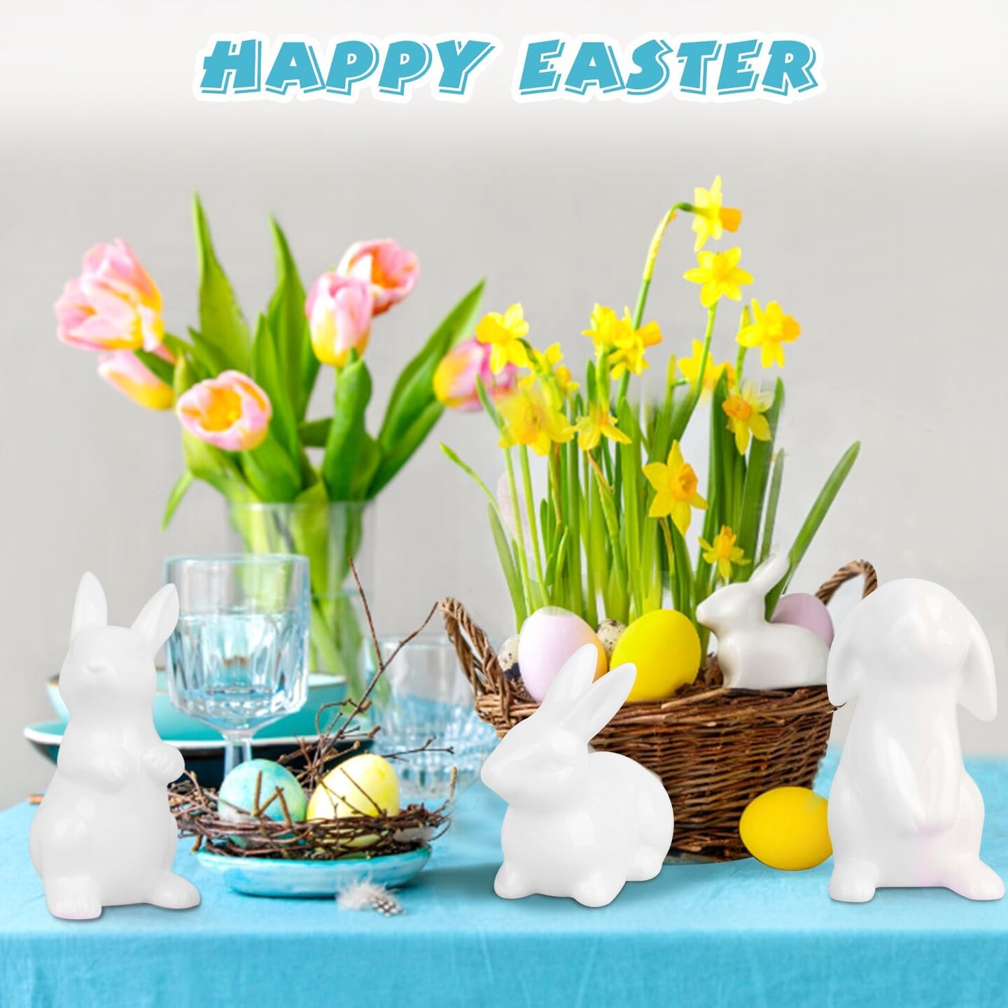 Easter Bunny Decor, 4 Pcs Glossy White Ceramic Bunny Figurines Spring Home Gifts Table Centerpiece Arts Crafts Decorations
