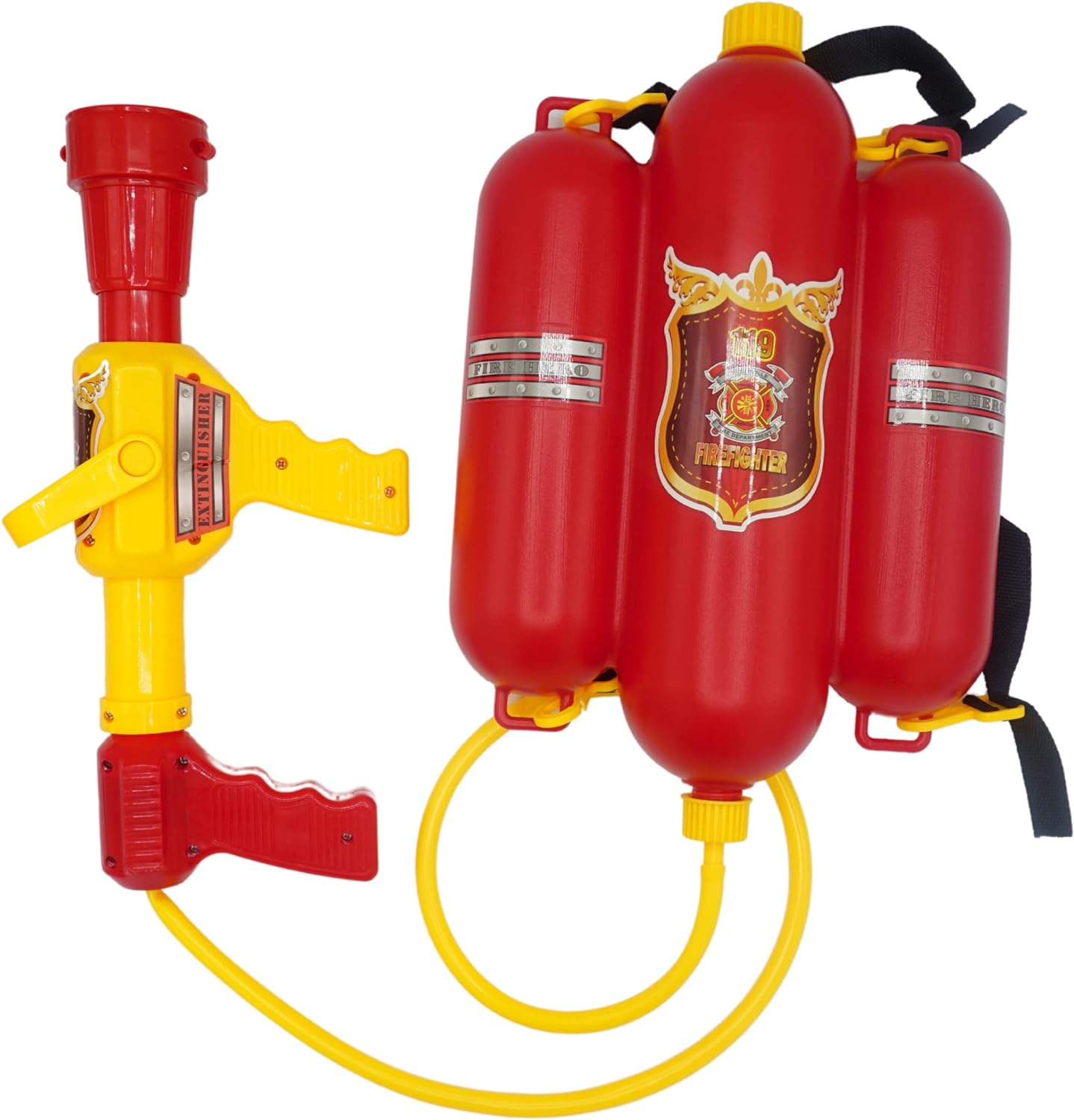 4E's Novelty Firefighter Backpack Water Gun – Water Soakers for Kids, Tank with Hose Shooter for Outdoor, Pool Play & Fireman Pretend Play