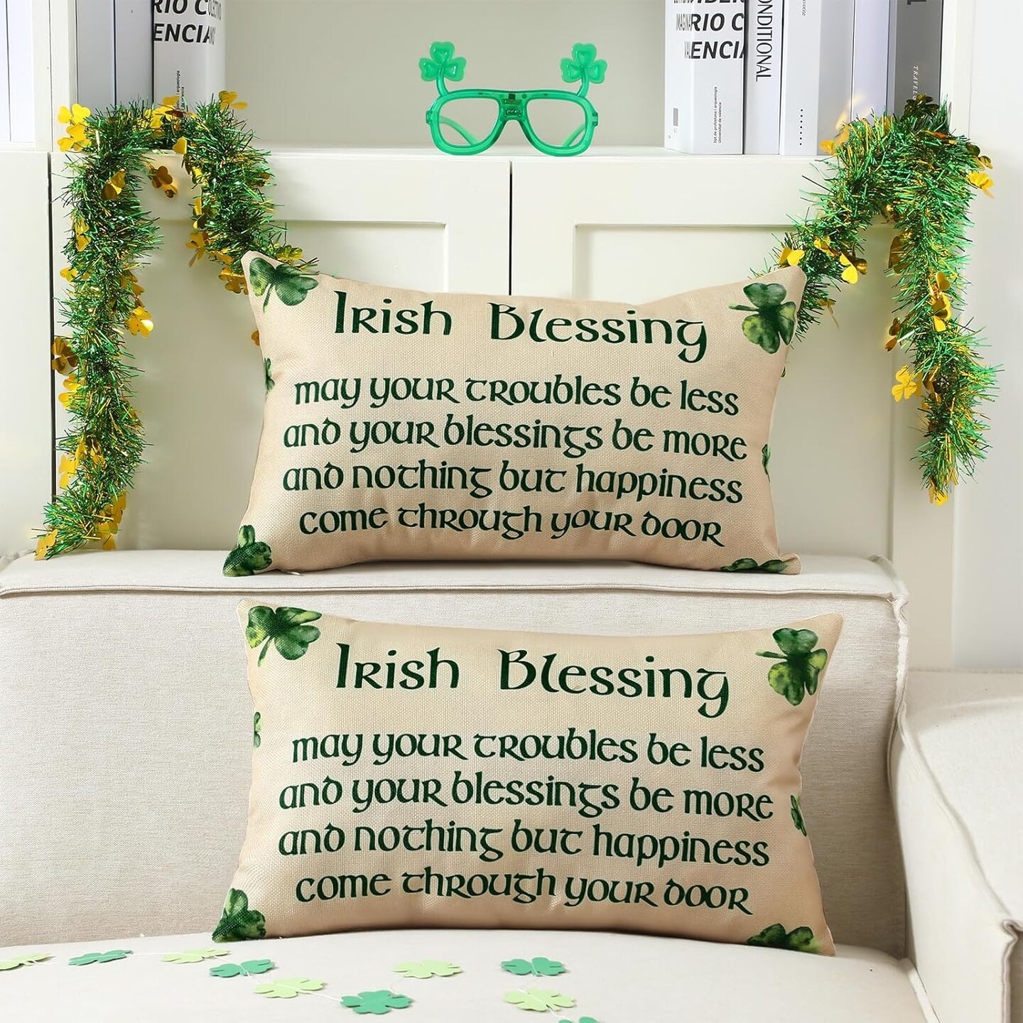 2 Pcs St. Patrick&#x27;s Day Irish Blessing Pillow Covers Green Clover Quote Decorative Throw Pillow Cover Case Linen
