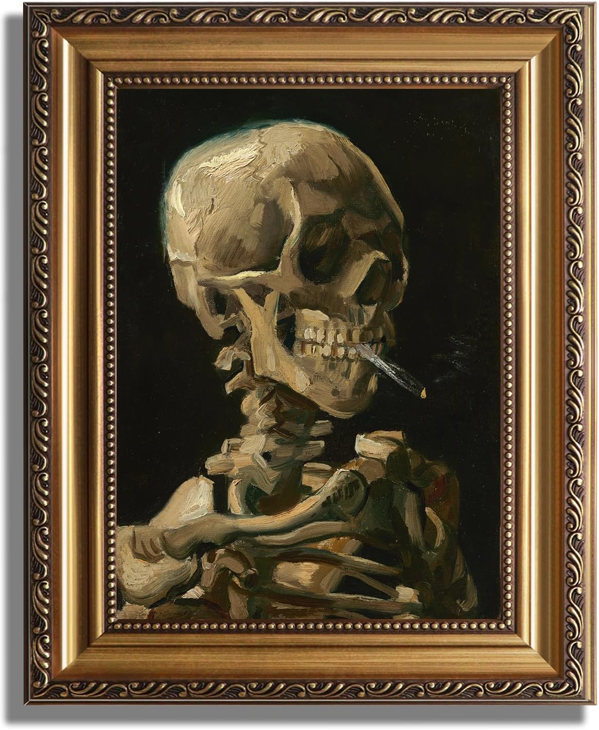 Gold Framed Skull Canvas Wall Art with Burning Cigarette, Vintage