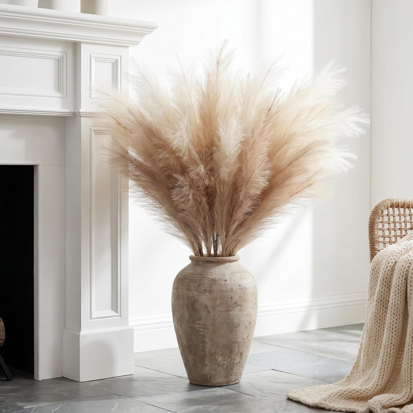 9Pcs 38 Inch Tall Faux Pampas Grass Ivory Taupe Artificial Fluffy Stems Floor Vase Filler Boho Rustic Farmhouse Home Wedding Decor