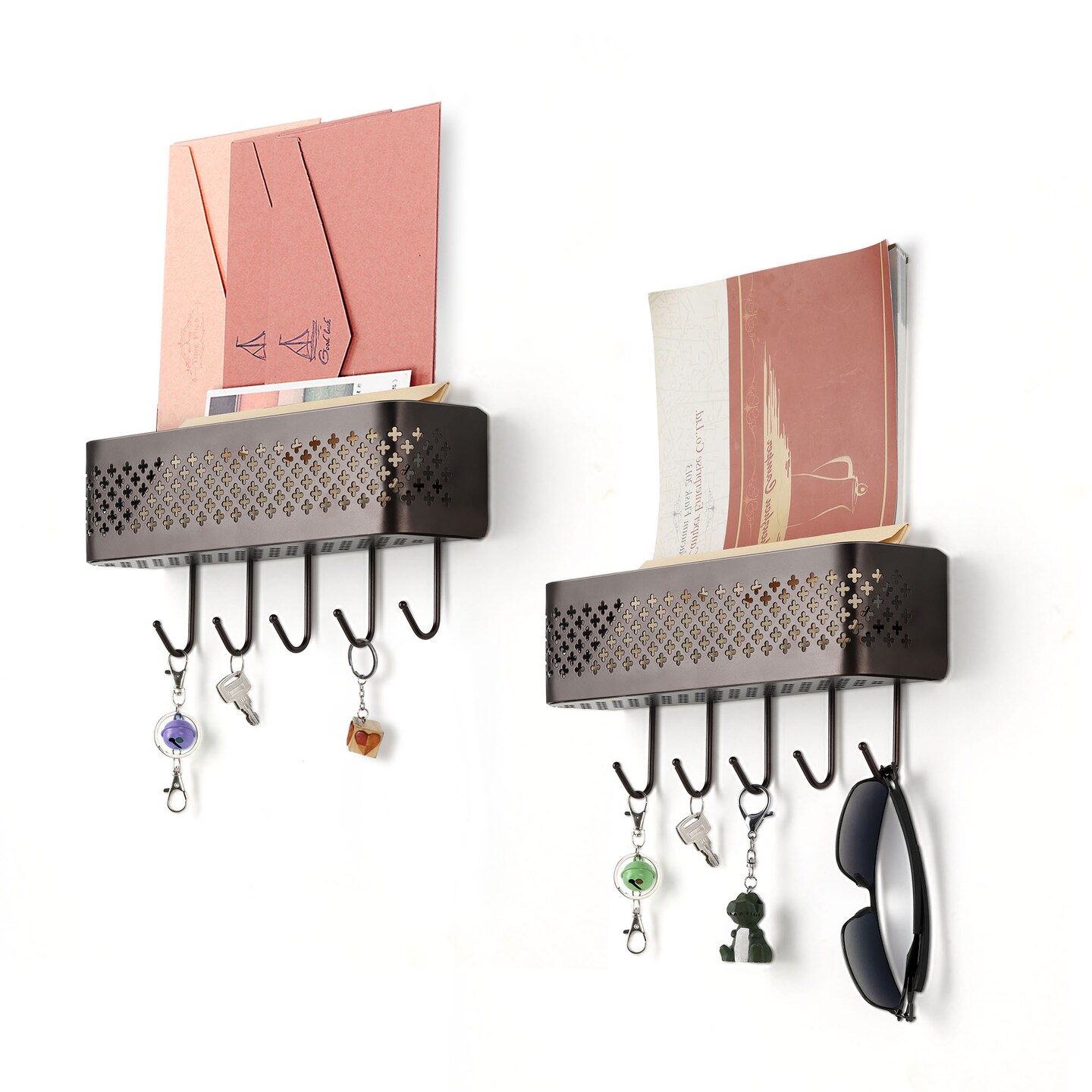 2PCS Wall Mount Metal Letter Holders Basket with 5 Hooks
