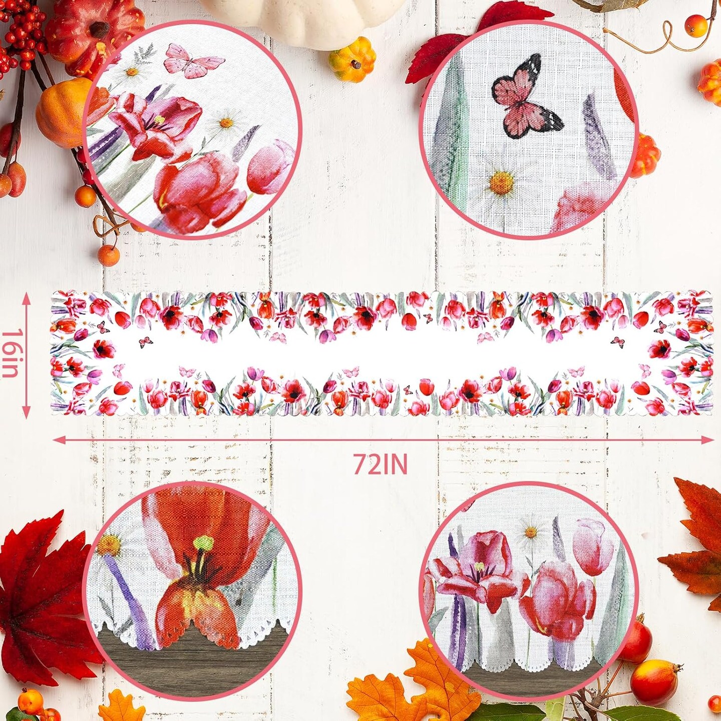 Spring Floral Table Runner with Red Tulip and Butterfly Design &#x2013; Elegant Spring and Summer Table D&#xE9;cor, Scalloped Edges for Dining and Coffee Table Centerpiece Decoration &#x2013; 72 Inches Long