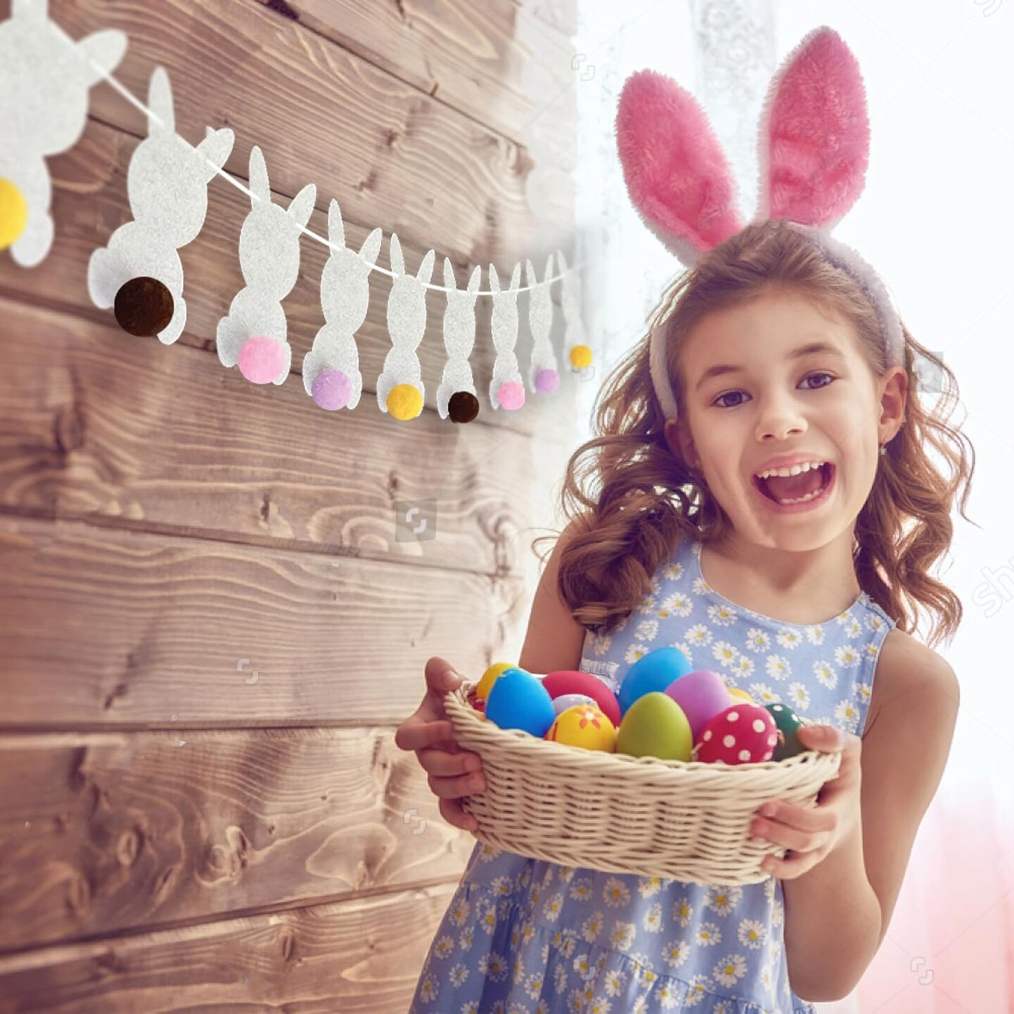 Easter Bunny Garland - Hanging Decorations Set with 10 Felt Rabbits, 9 Feet of Ribbon, and Needle for Stringing - Easter Bunny Decorations for Home, Office, or Classroom