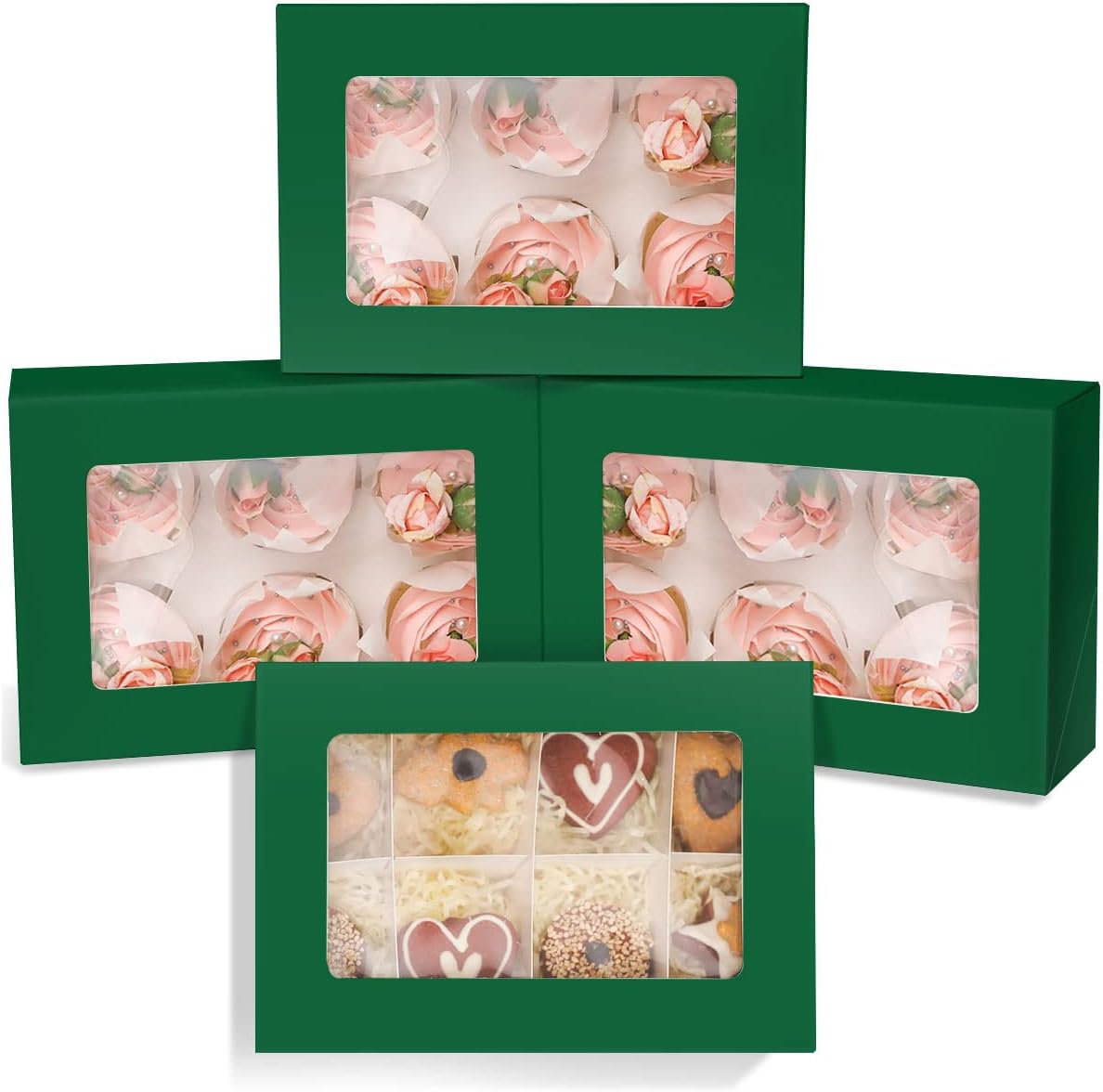 Deep Green 6 Cupcake Boxes with Window 30 Packs Cupcake Box 9&#x22;x6.1&#x22;x3.3&#x22; Bakery Boxes For Cupcakes Carrier, Cupcake Containers