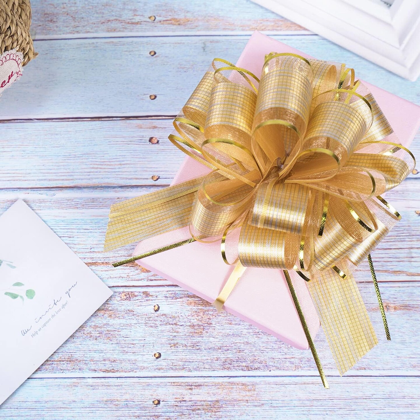 10 PCS Large Pull Bow Gift Wrapping Bows, Pull Bow with Ribbon for Wedding Gift Baskets, Party Gift Wrap Bows, Presents Decorating Bows (Gold)