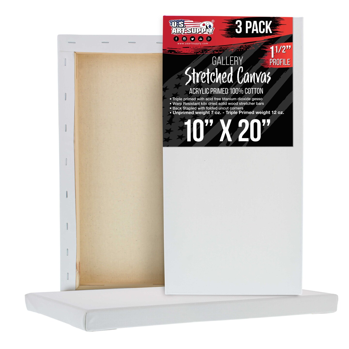 Rectangle Stretched Canvas for Painting 10x20 inch Gallery Depth 1-1/2&#x22; Thick, 3-Pack - 12oz Acrylic Gesso Triple Primed, Professional Artist Quality, 100% Cotton - Oil, Pouring Paint