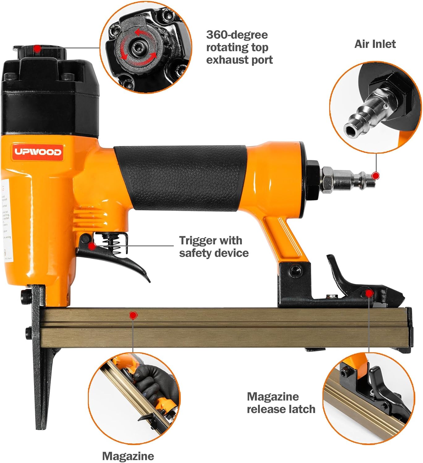 7116LN Air-Powered Staple Gun 22 Gauge Stapler, Pneumatic Oil-Free Upholstery Stapler, top Exhaust, for Woodworking, Professional and DIY Projects