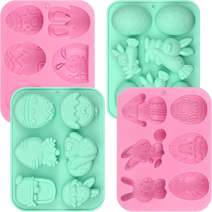 4 Pack Easter Chocolate Molds, Bunny Half Egg Shaped Non-stick Silicone Molds for DIY Chocolate Candy Muffin Handmade Soap Cake Decoration