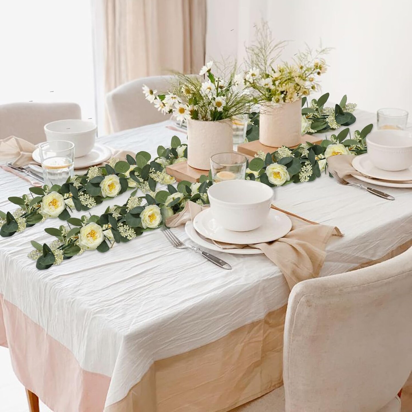 Eucalyptus Garland, 13Ft Artificial Greenery Garland Flower Decor, Green Spring Garland Wreath Vines Decorations for Table Home Wedding Mantle Party (Champagne)