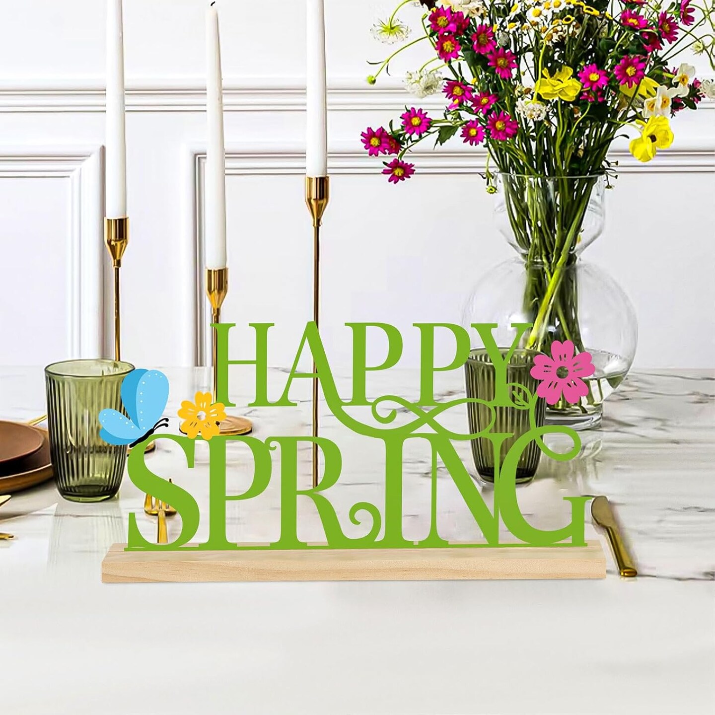 Metal “Happy Spring” Sign – Indoor Home & Tabletop Spring Decor