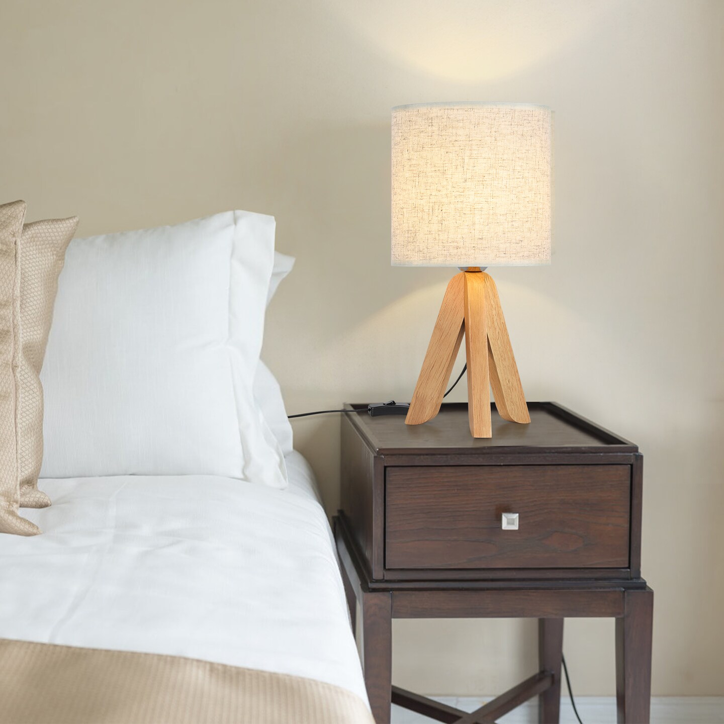 Small Bedside Table Lamp Wooden Tripod Nightstand Lamp with Fabric Linen Shade