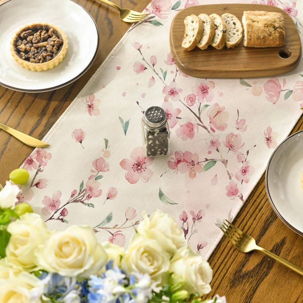 Floral Cherry Blossoms Branches Summer Table Runner, Seasonal Spring Kitchen Dining Table Decoration for Home Party Decor 13x72 Inch