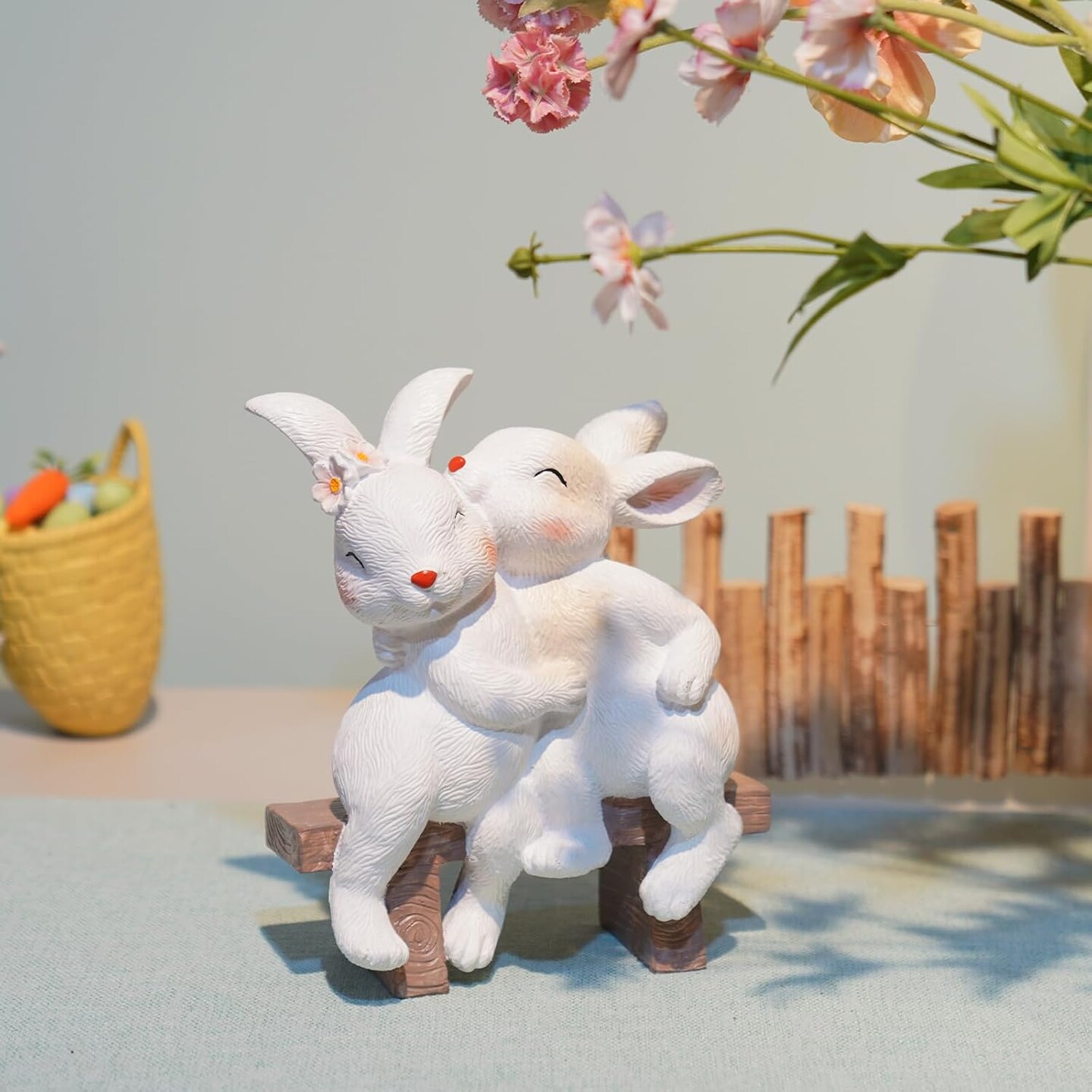 Easter Rabbit Decor Outdoor Garden Decor - Easter Décor Garden Sculptures Statues Rabbit Bunny Figurines Home Décor Resin Bunny Couple Sitting on Bench Garden Sculptures 6.75*3.25*8 inch LC Lcdecohome