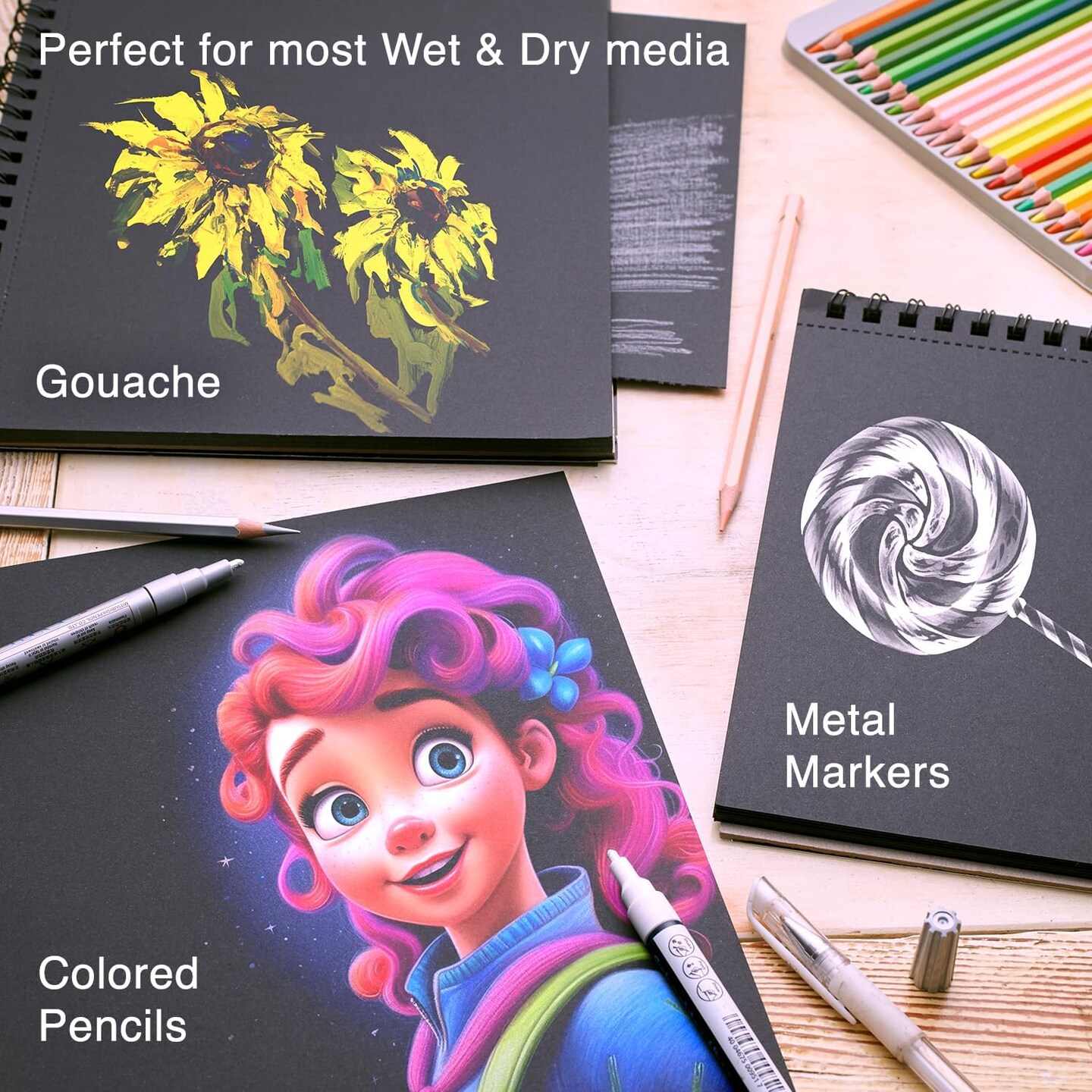 9x12 Premium Black Paper Pads, Spiral Bound Sketchbook, Pack of 2, 70 Sheets (150g/m2), Acid-Free Drawing Paper, Ideal for Kids, Teens &#x26; Adults