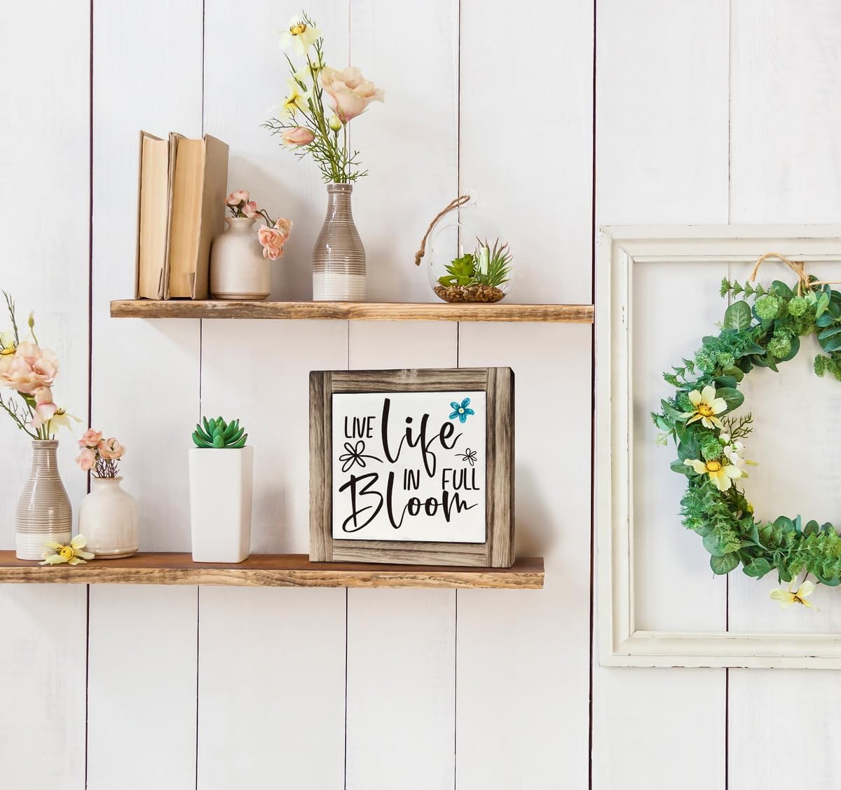 Spring Wood Sign, Box Wood Plaques Desk D&#xE9;cor, Tabletop Shelf Decoration, Inspirational Spring Quotes, Spring Summer Decor Art, Farmhouse Wood Sign, Rustic Home Decor, Live Life in Full Bloom