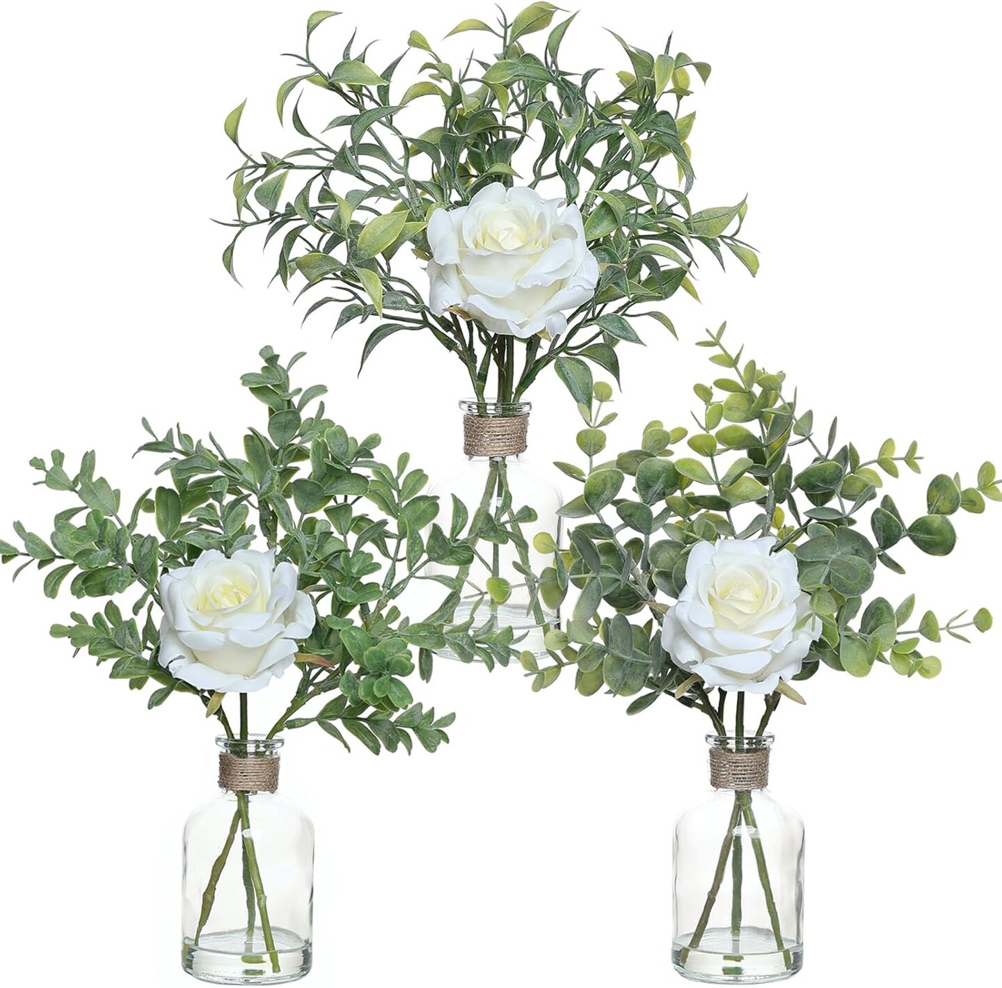 3 Pack Mini Fake Plants and Artificial Flowers with Faux Water in Vase,Silk Roses and Eucalyptus with Fake Water in Glass Vase for Centerpiece Table Decorations Kitchens Office Home decor (White)