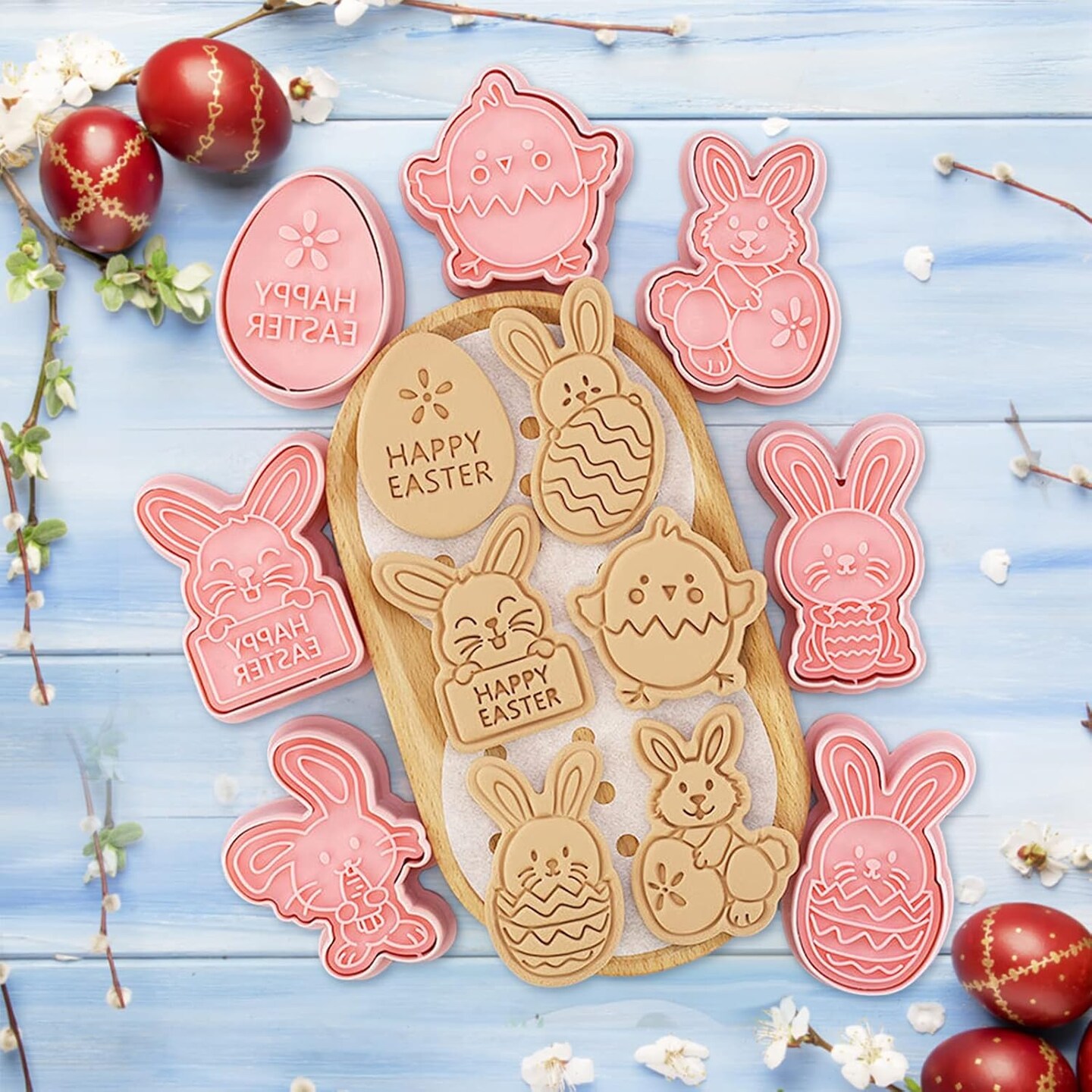 Easter Cookie Cutters Set, 8 Pcs Cookie Cutter with Plunger Stamps, 3D Cookie Stamps for Easter Biscuit Snacks Cheese Baking