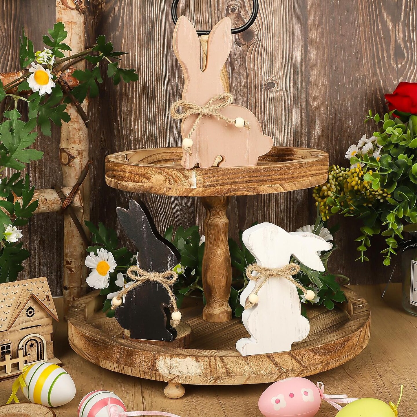 Easter Decorations for the Home, Rustic Farmhouse Wooden Bunny Blocks Tiered Tray Decor Set of 3, Vintage Wood Bunnies Sign for Table Top Office Party Shelf Decoration (Colorful)