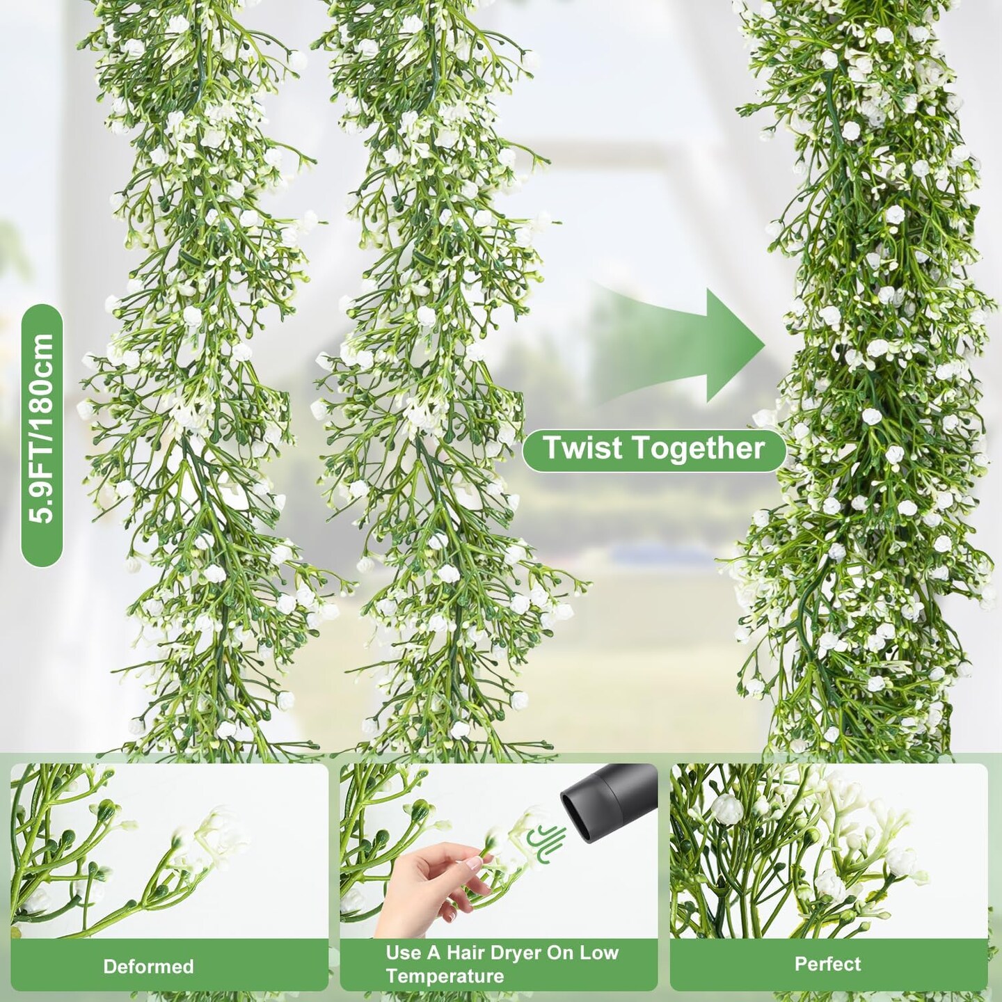 5.9ft Artificial Baby Breath Flower Vines,2 Pcs Real Touch Faux Hanging Baby Breath Garland,Fake Babys Breath Gypsophila for Wedding Arch Flowers