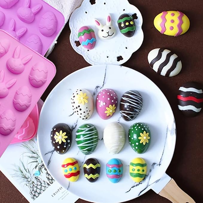 2 Pack Bunny & Egg Silicone Molds Easter Day Cake Pan Silicone Molds for Baking Cupcake Muffin Making Chocolate Candy Ice Cube Jello Jelly Soap Wax Crayon Melt(Pink and Purple)