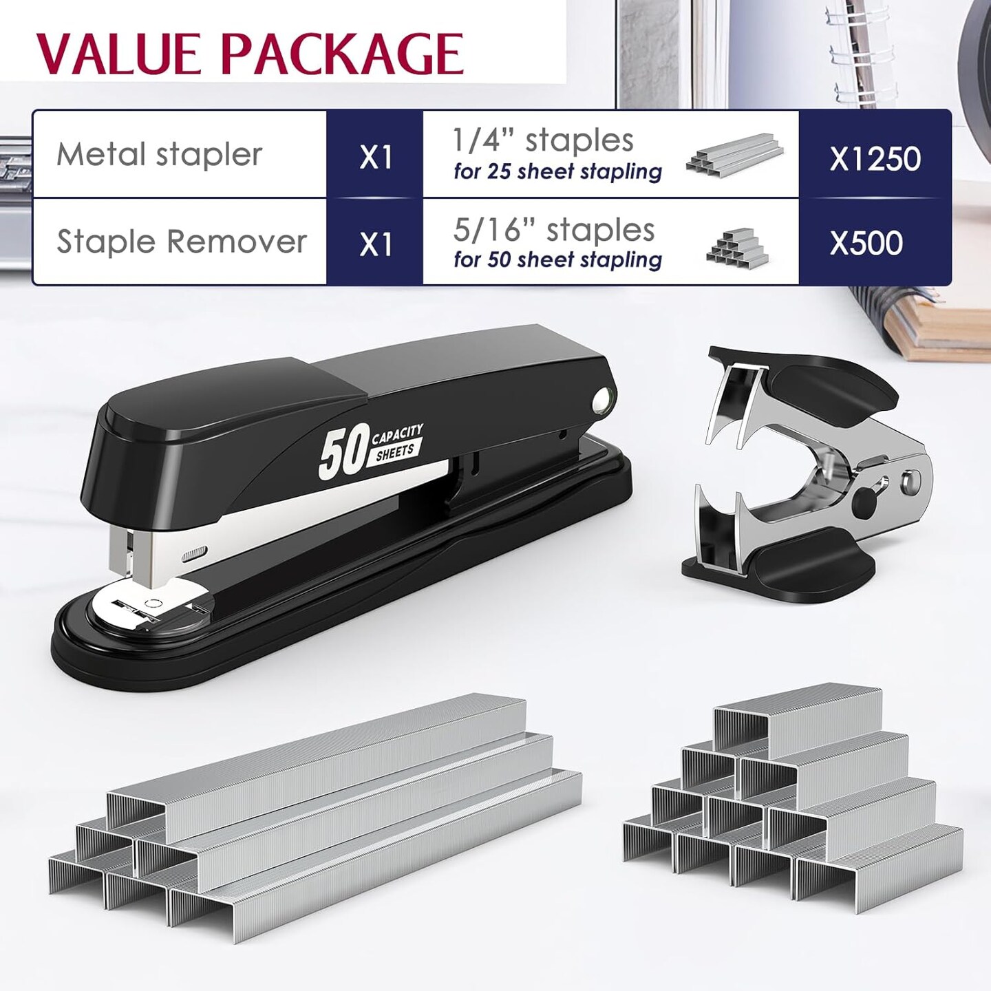 Metal Stapler Heavy Duty 50 Sheet Capacity with 1750 Staples and Staple Remover, Full Strip Staplers for Desk, No Jam, Non-Slip Office Stapler with Staples for Office &#x26; Classroom, Black