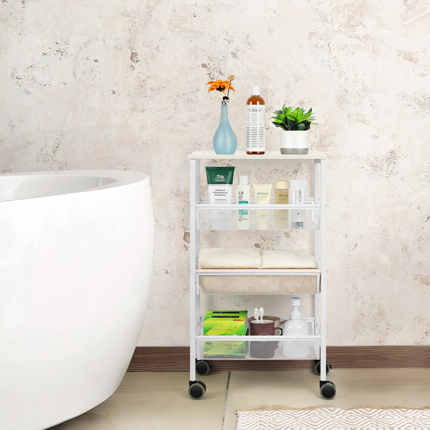 4 Tier Utility Rolling Cart on Wheels Serving Cart with Storage Organizer White