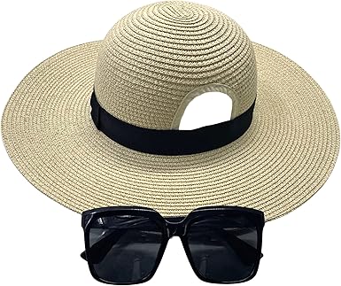 4E&#x27;s Novelty Sun Hat for Women UV Protection with Sunglasses, UPF 50+, Packable Beach Hat, Beige