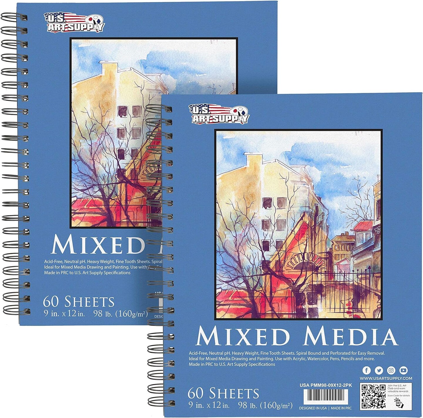 9&#x22; x 12&#x22; Mixed Media Paper Pad Sketchbook, 2 Pack, 60 Sheets, 98 lb (160 gsm) - Spiral-Bound, Perforated, Acid-Free - Artist Sketching, Drawing, Painting Watercolor, Acrylic, Wet &#x26; Dry