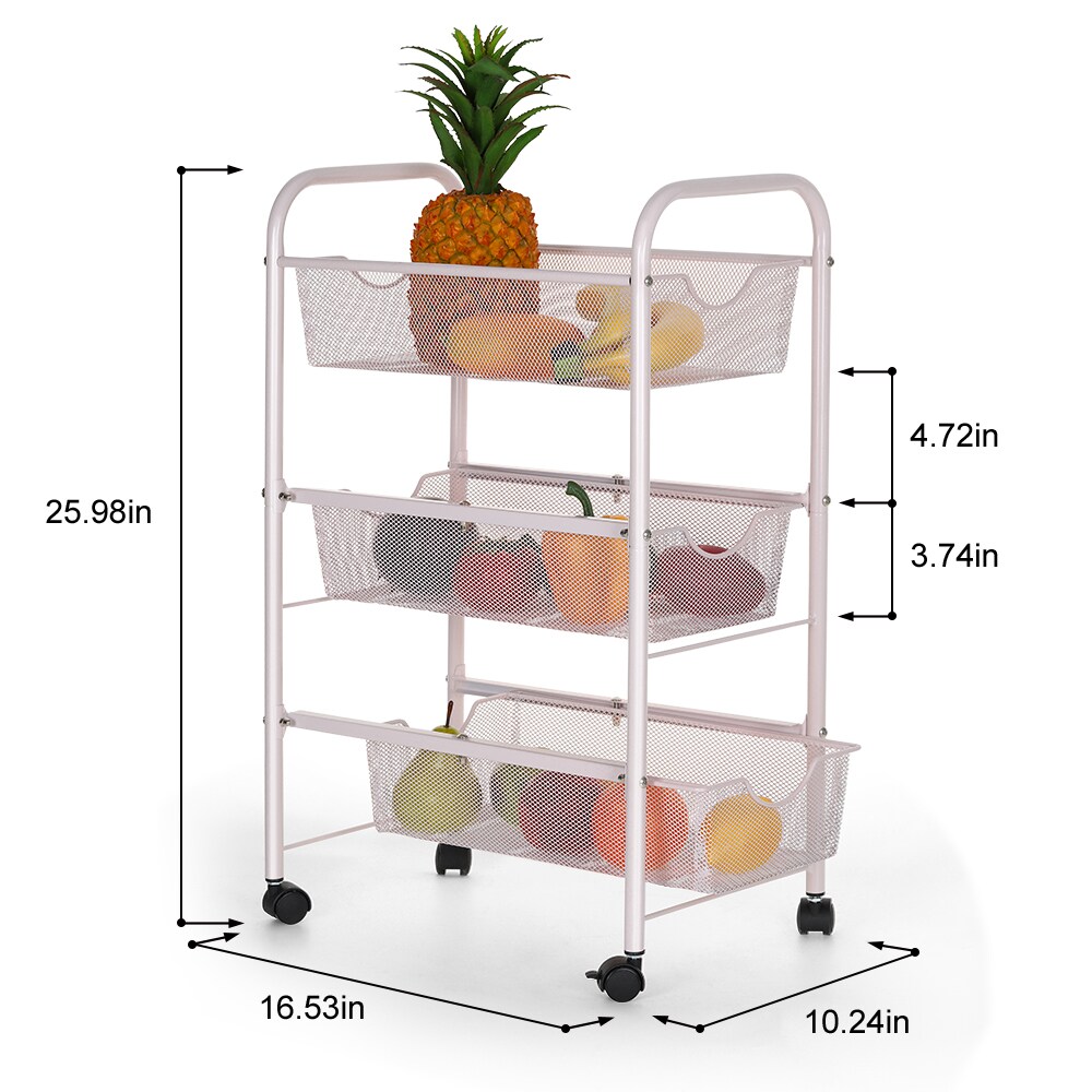 3-Tier Rolling Metal Storage Basket Cart – Mesh Utility Organizer with Wheels, Kitchen & Pantry Fruit Vegetable Rack, Bathroom & Office Storage