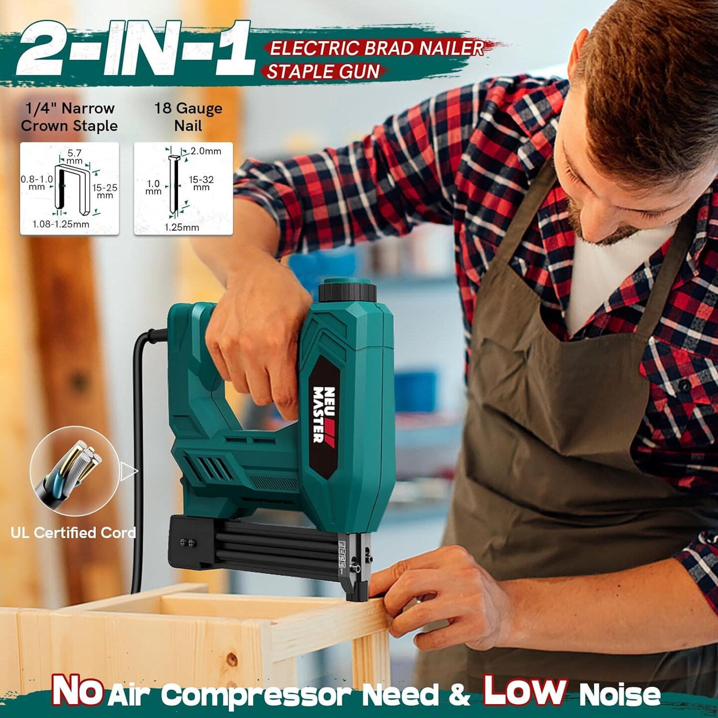 Brad Nailer, 2 in 1 Electric Staple Gun/Nail Gun for Wood, Upholstery and DIY Projects, 1/4'' Narrow Crown Staples 200pcs and Nails 800pcs Included