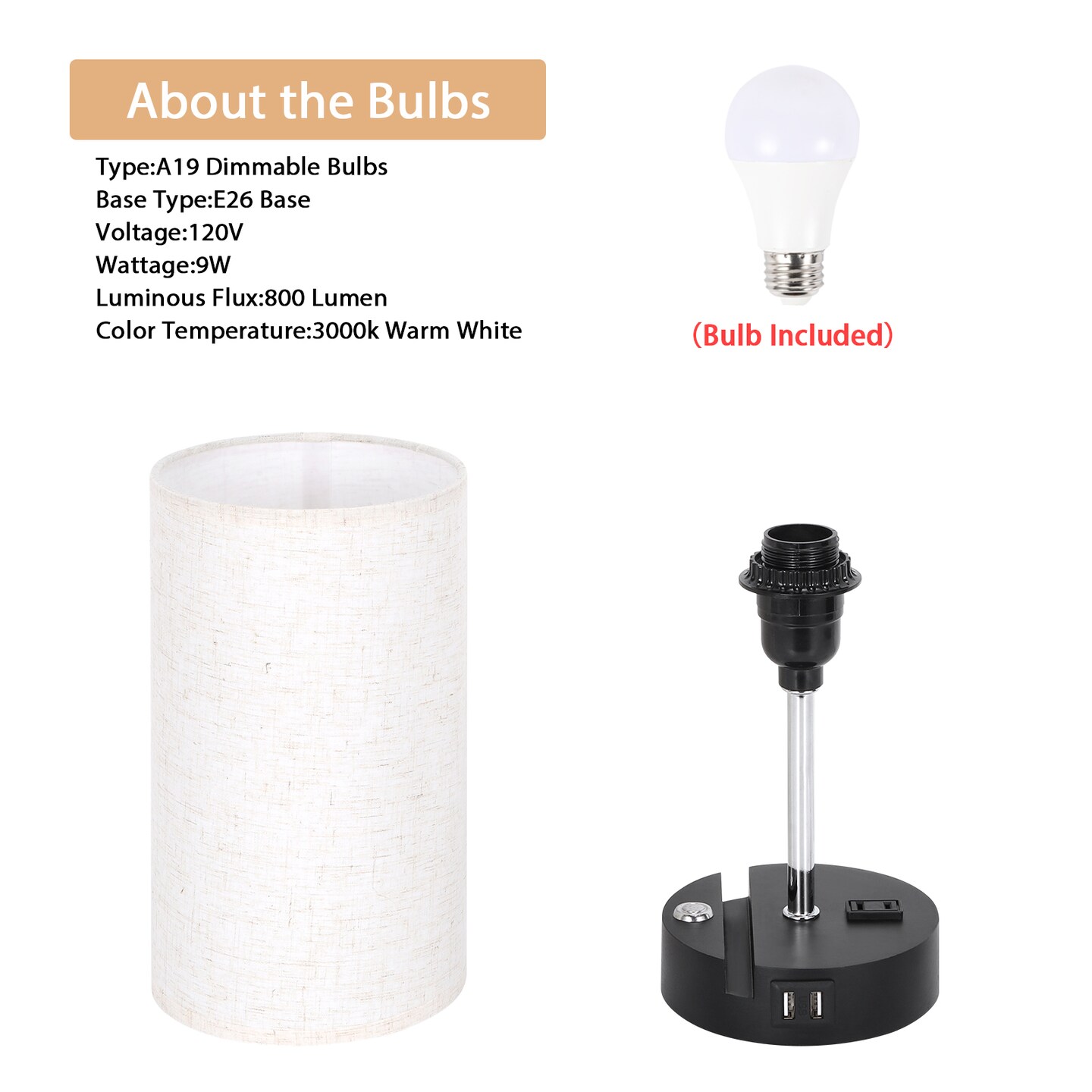 2pcs Touch Control Table Lamps with USB Ports Nightstand Lamp for Living Room