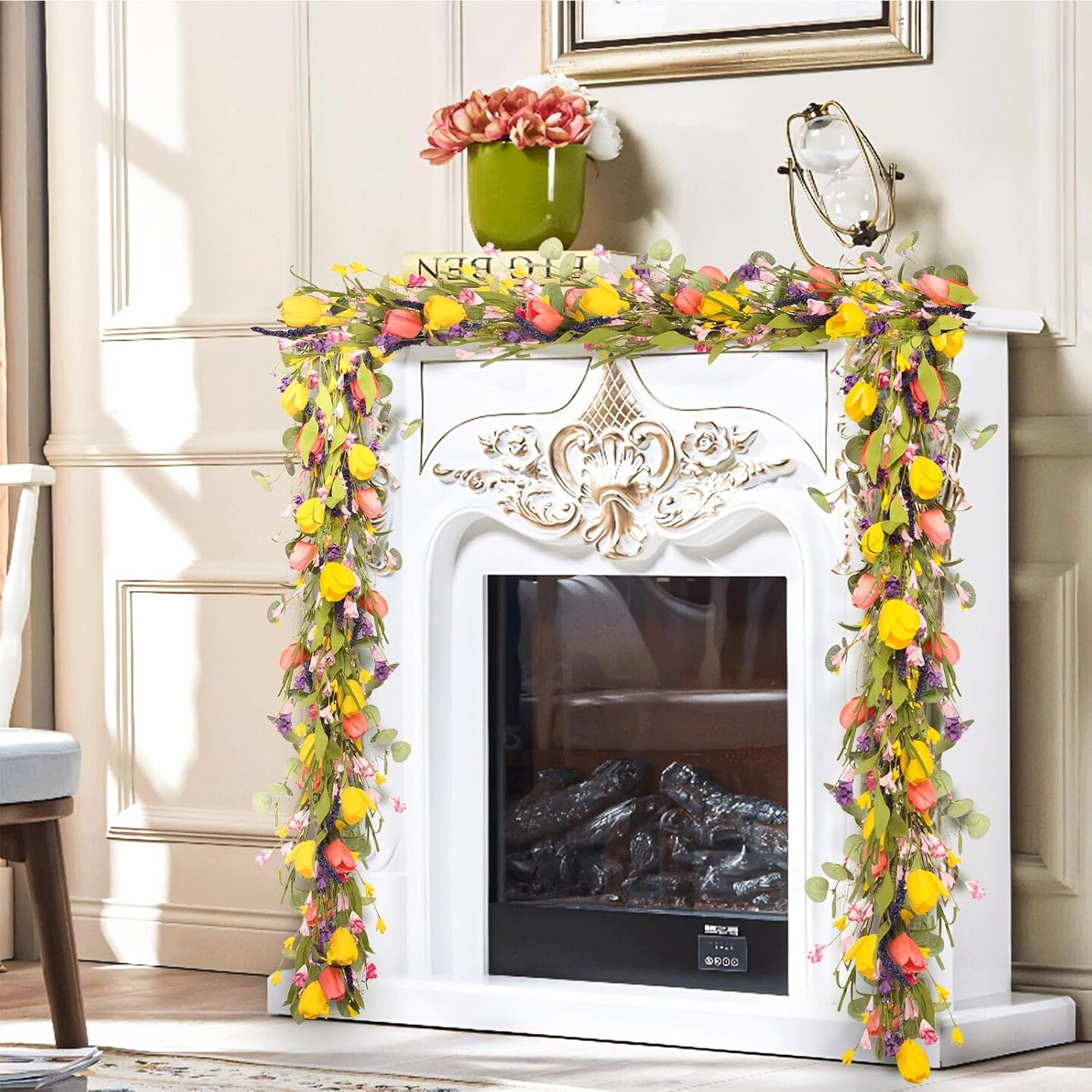 6FT Tulip and Eucalyptus Garland – Artificial Spring Floral Vine for Wedding, Home, Mantle, Staircase, Porch, and Indoor Decoration